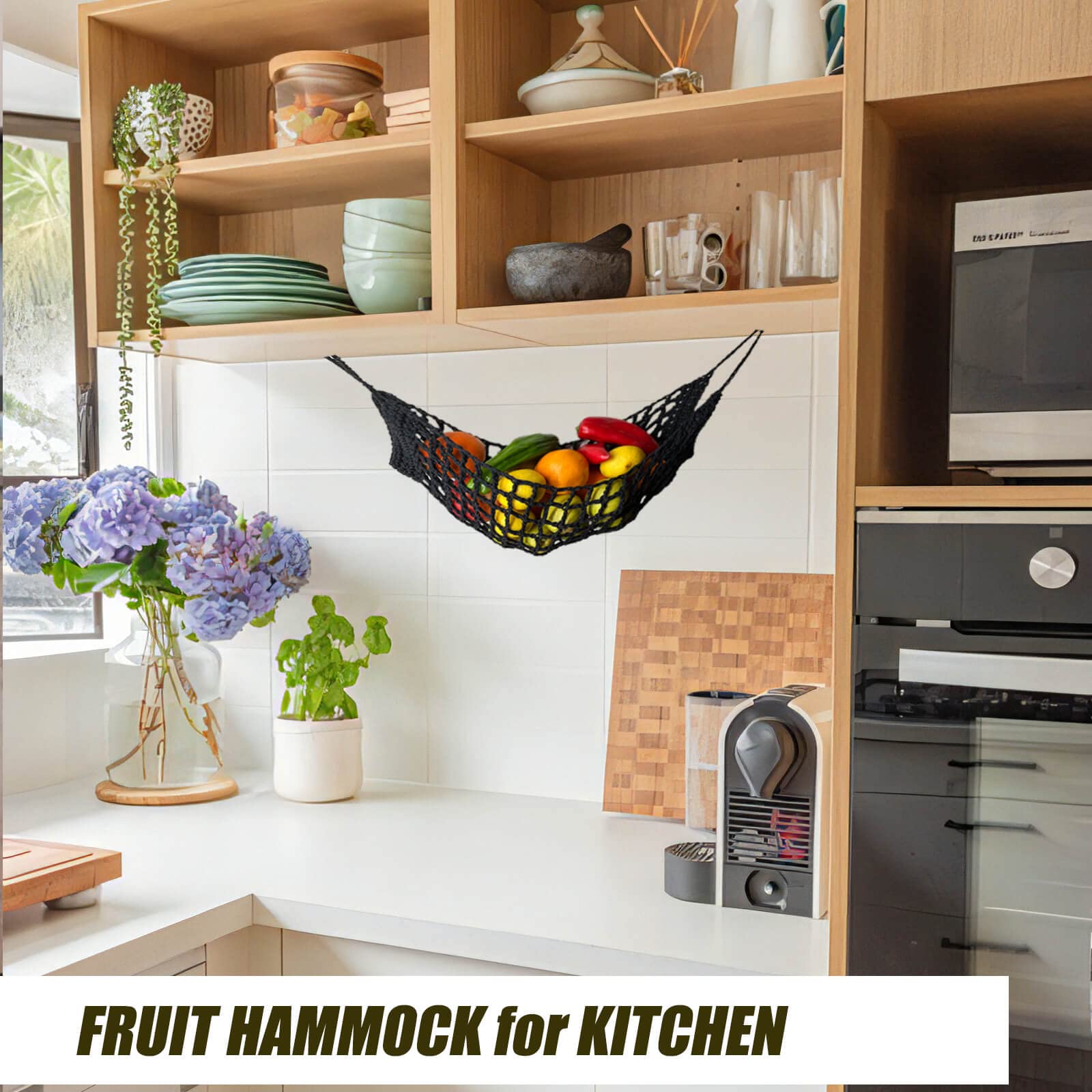 Large Macrame Fruit Hammock Under Cabinet - Space Saving Hanging Basket for Bananas, Vegetables & Fruits | Perfect for Kitchen, RV, Camper & Boat (Black) | Organize Countertops & Keep Produce Fresh