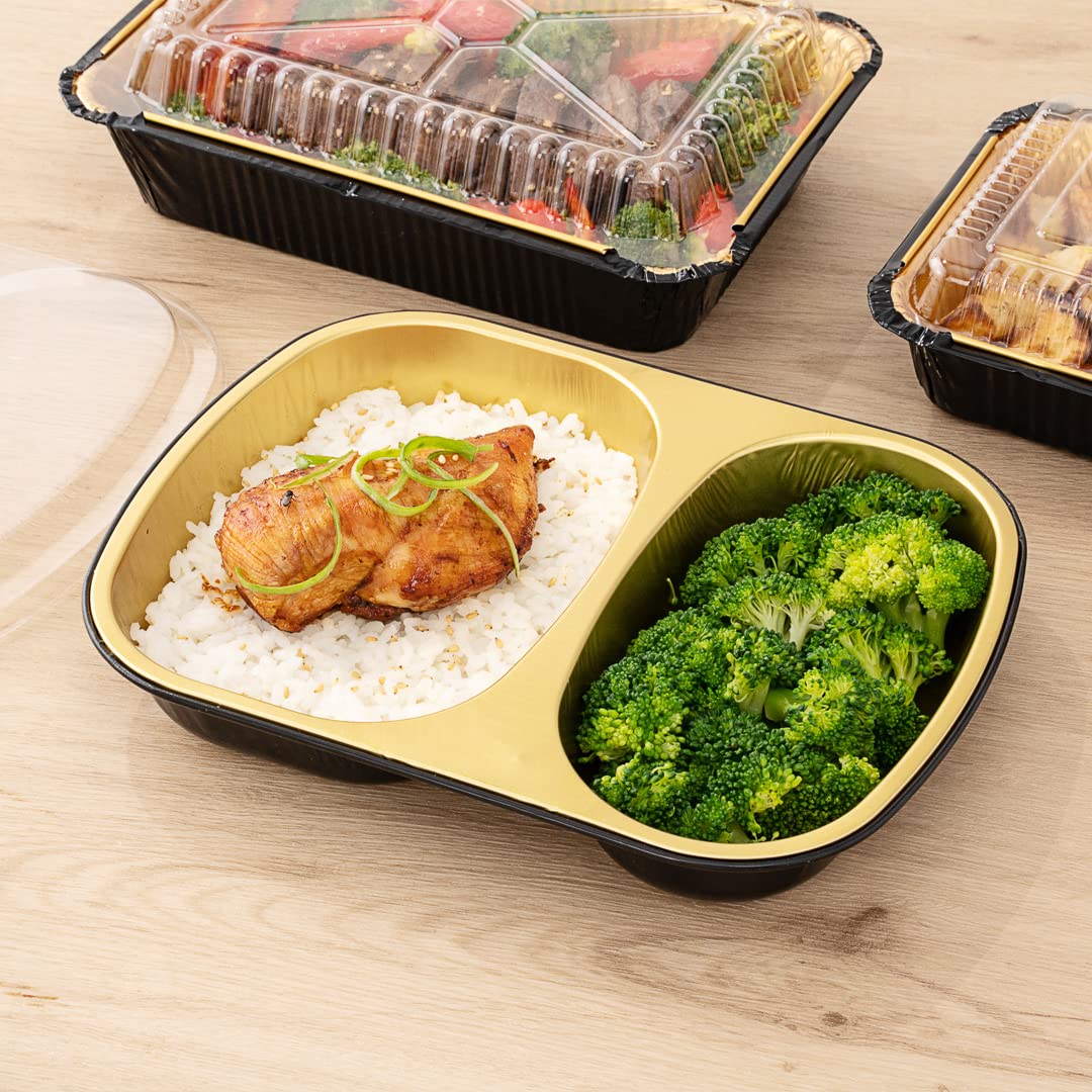 Restaurantware Foil Lux 28oz Aluminum Food Containers - 100 Pack Rectangle Foil Trays with 2 Compartments (Lids Sold Separately) | Oven-Safe Black & Gold Baking Pans for Meal Prep, Catering, Takeout & Party Serving