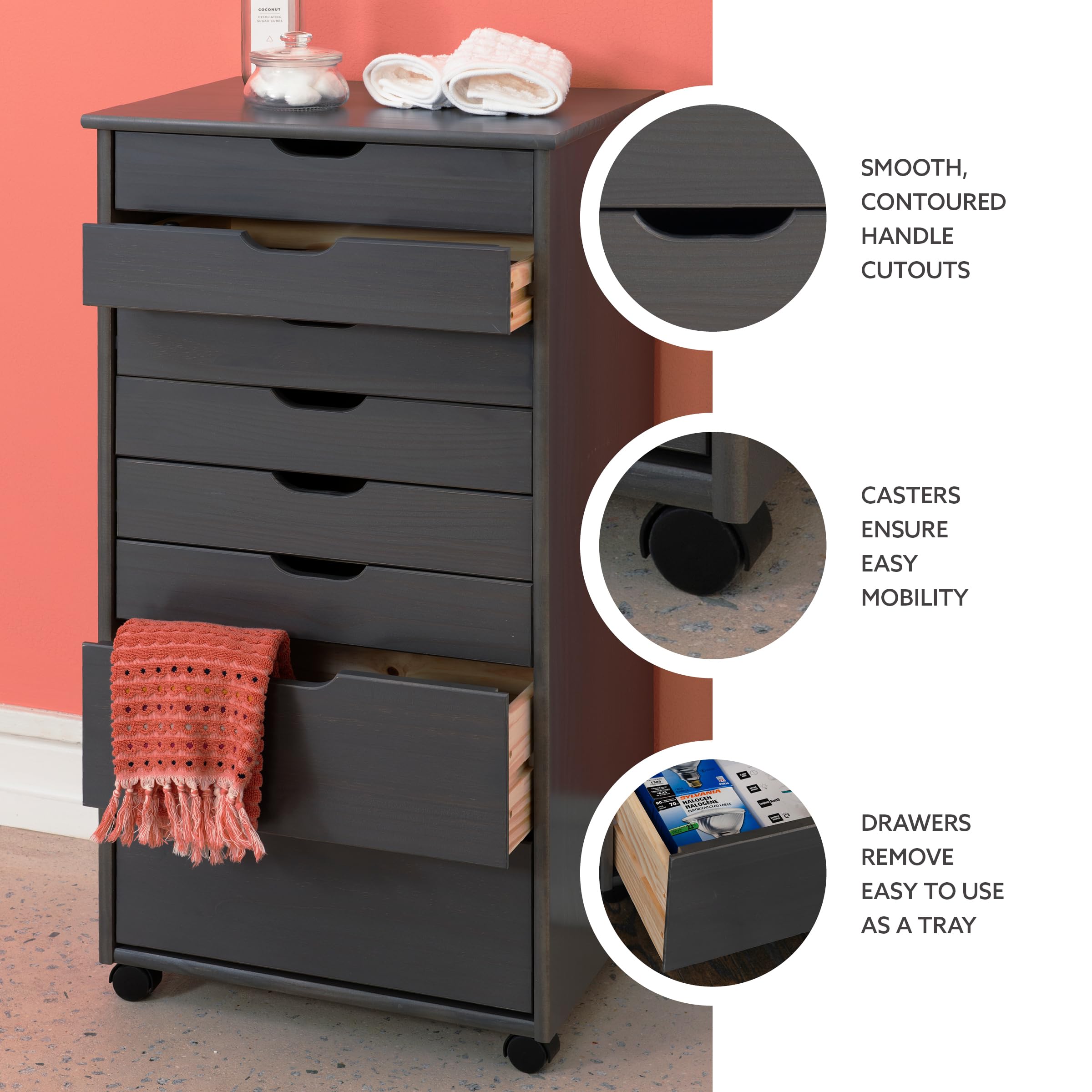 Linon Corinne 8-Drawer Rolling Storage Cart - Grey Organizer for Home, Office & Dorm | Space-Saving Mobile Cabinet for Bedroom, Bathroom & Kitchen Organization