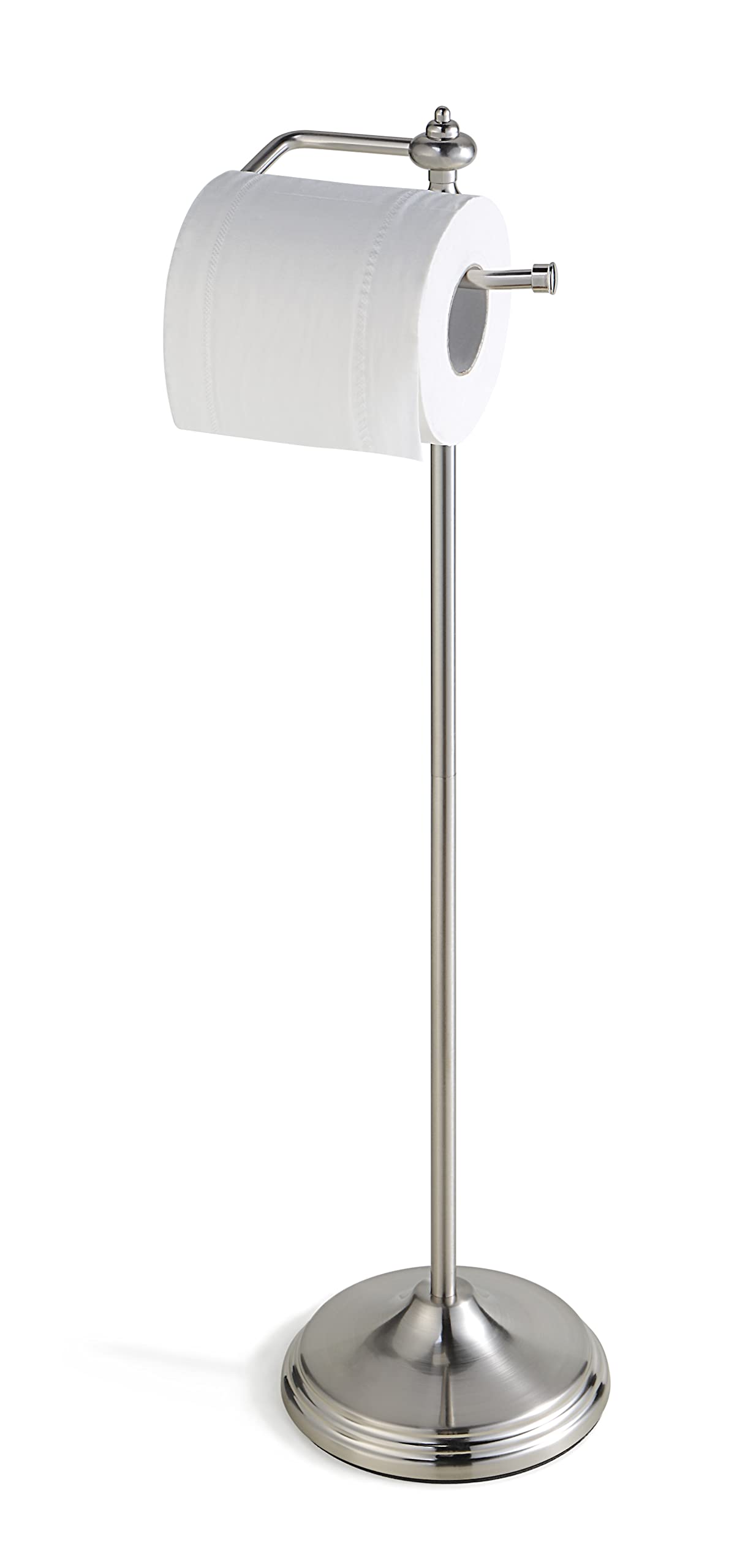 SunnyPoint Free Standing Toilet Paper Holder Stand with Reserve Storage - Satin Nickel Finish | Bathroom Tissue Roll Dispenser for Home, Office & Guest Bathroom