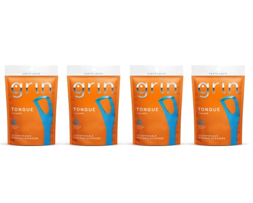**Grin Oral Care Disposable Tongue Scrapers & Dental Picks Set - 4 Pack (128 Count) for Teeth Cleaning, Fresh Breath & Bad Breath Prevention - Perfect for Adults, Travel & Daily Oral Hygiene**