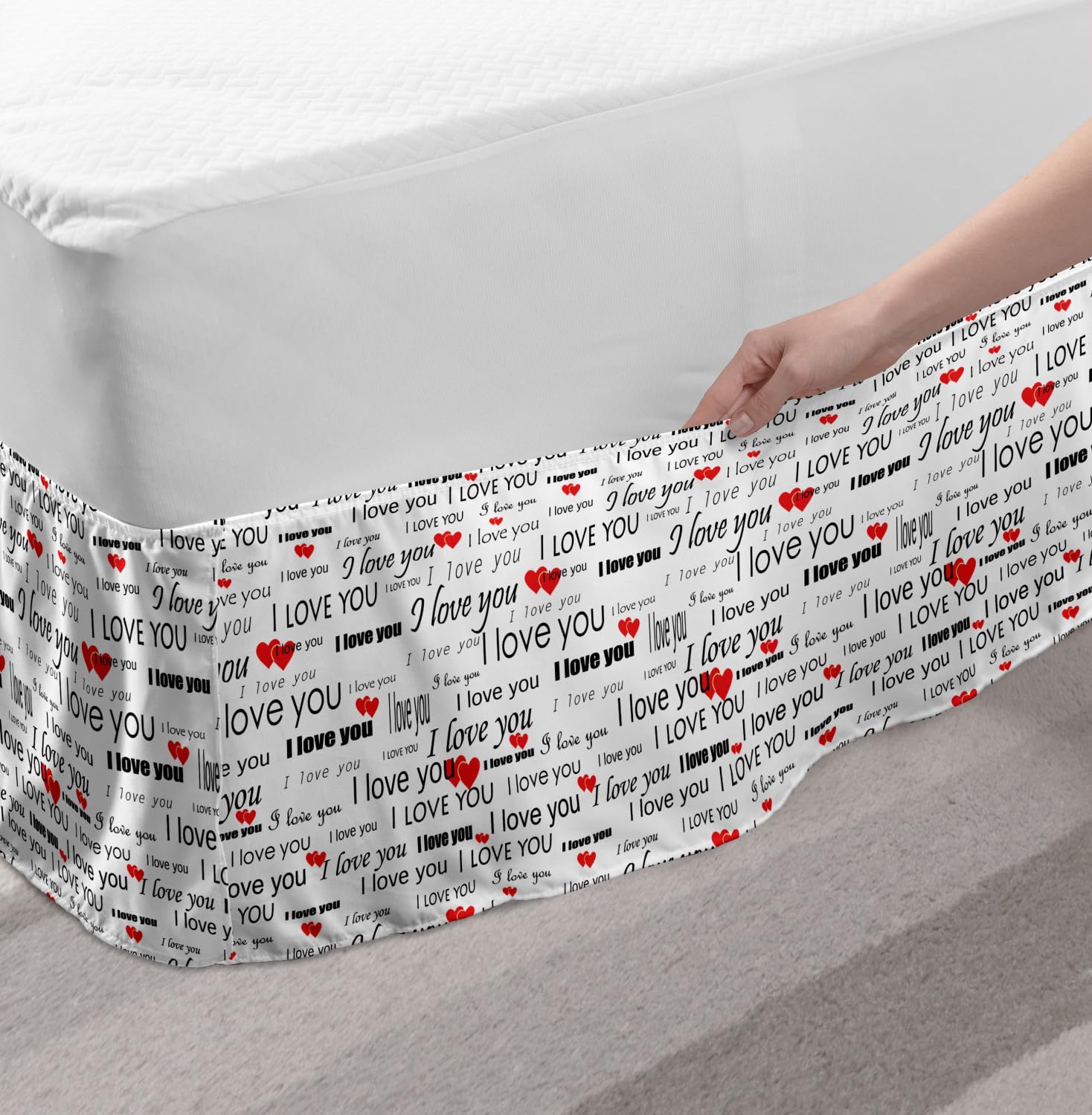 Ambesonne Romantic Bed Skirt with 'I Love You' Hearts Design - Valentine's Day Elastic Bedskirt Dust Ruffle Wrap for Queen Size Bed - Vermilion Black White Bedding Decor - Perfect for Couples' Bedroom, Anniversary Gifts & Romantic Home Decor