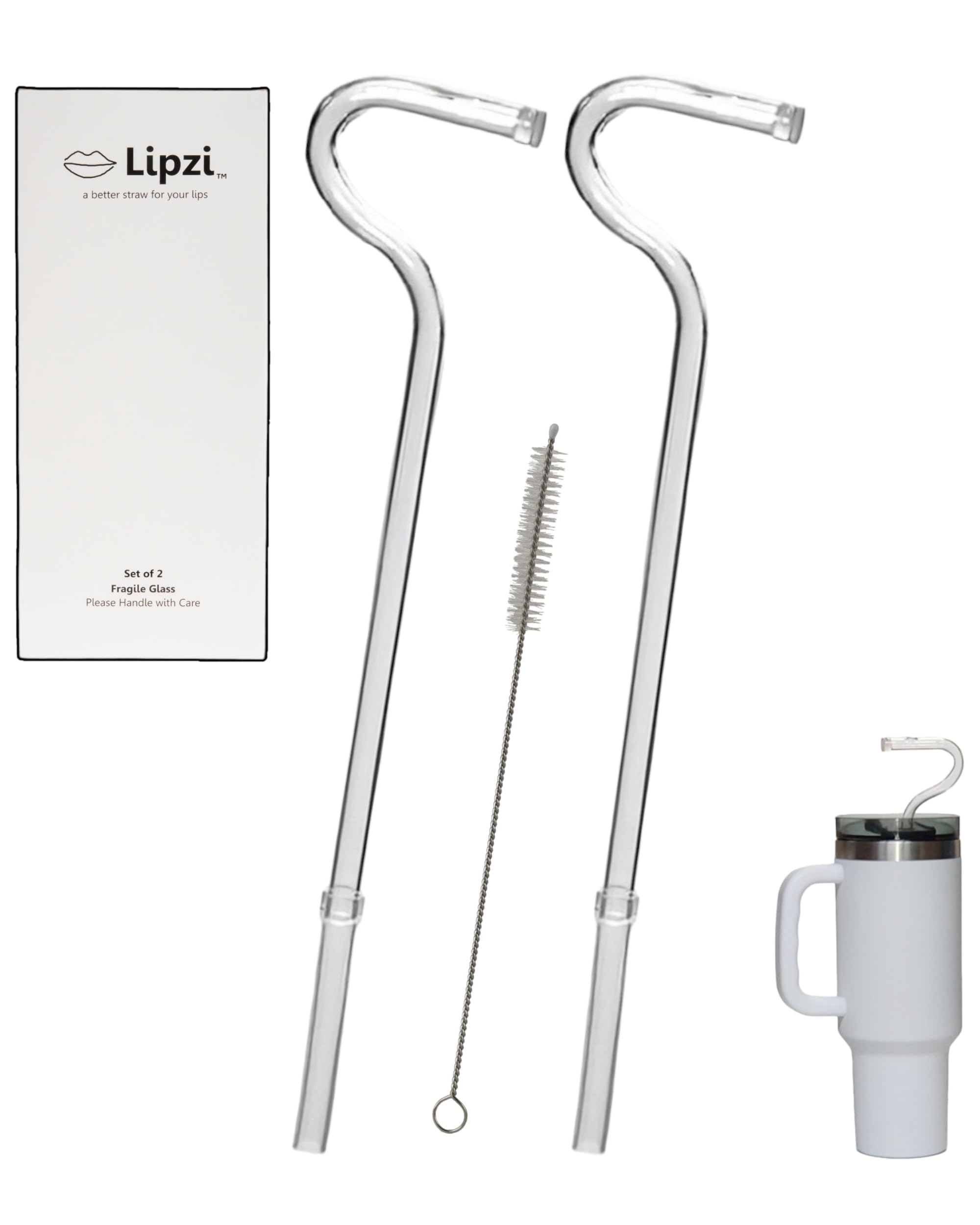 Eco-Friendly Glass Anti-Wrinkle Drinking Straws for 40oz Tumblers - 2 Pack with Cleaning Brush | Reusable, Clear, Plastic-Free Alternative | Perfect for Smoothies, Iced Coffee & Home/Office Use
