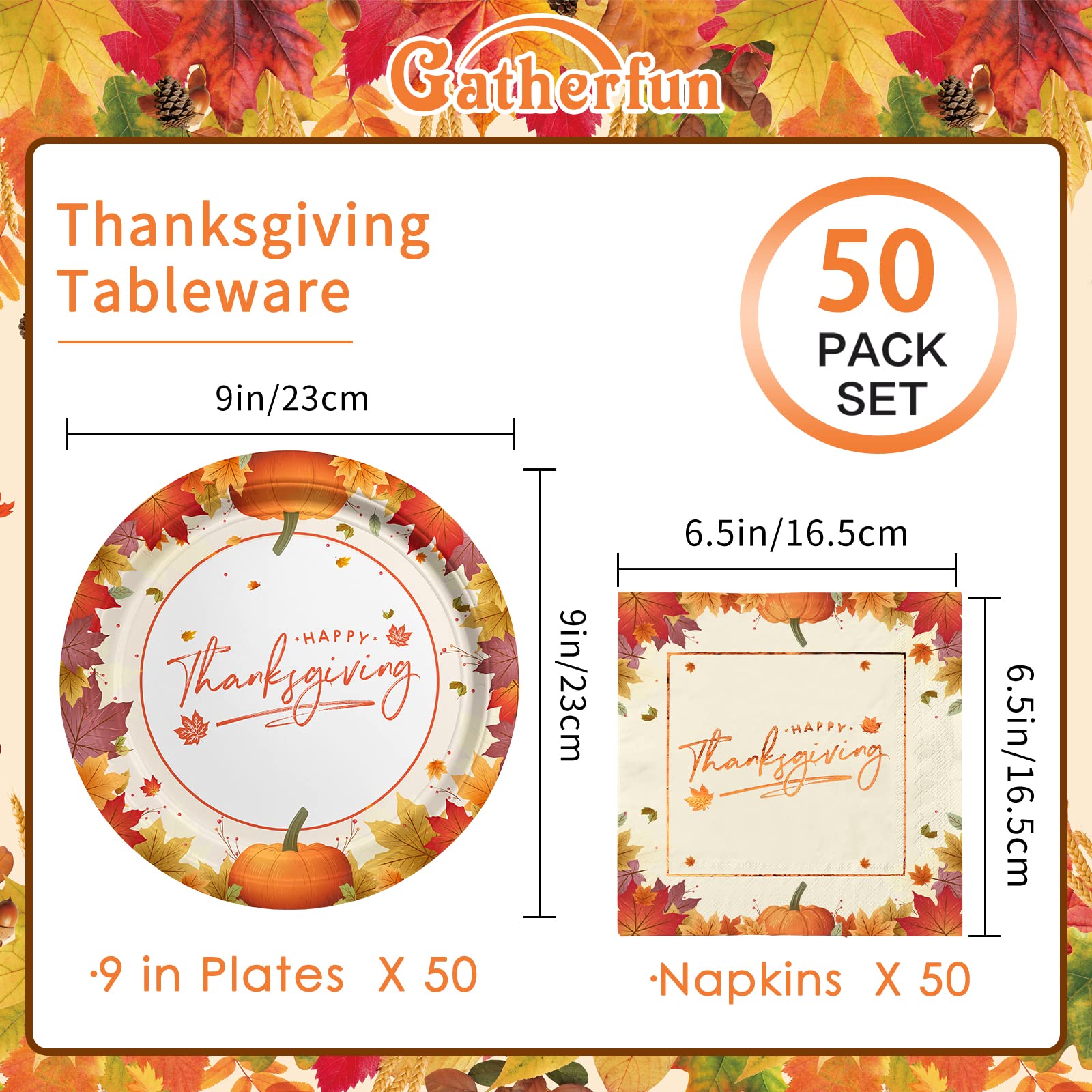 Gatherfun Thanksgiving Party Supplies - 50-Pack Maple Leaf Disposable Paper Plates & Napkins Set for Thanksgiving Dinner, Fall Decorations | Perfect for Autumn Gatherings, Harvest Feasts & Holiday Celebrations