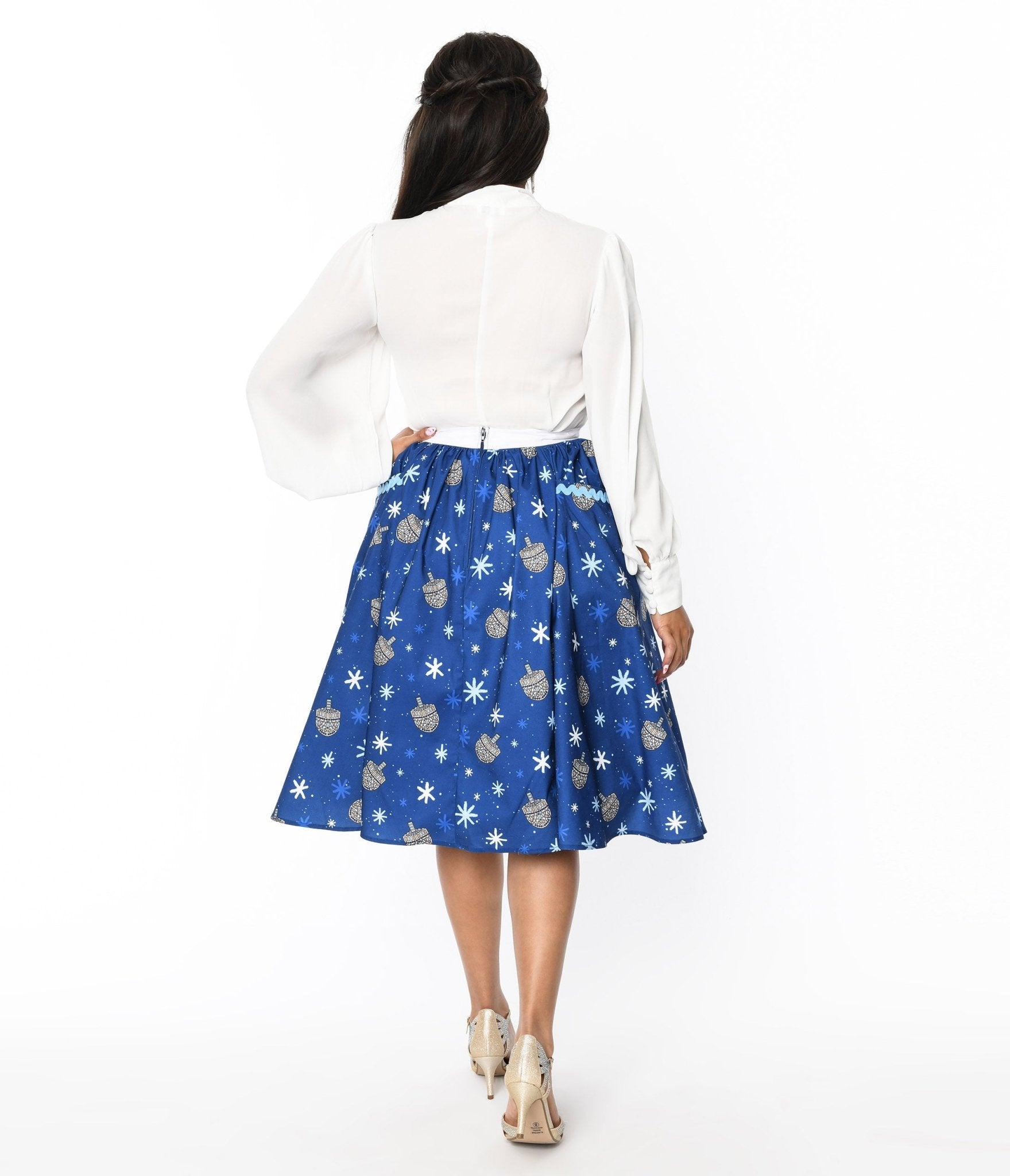 Vintage Blue Hanukkah Print Susannah Swing Skirt - Retro Floral Swing Dress for Women, Holiday Party & Jewish Festival Outfit