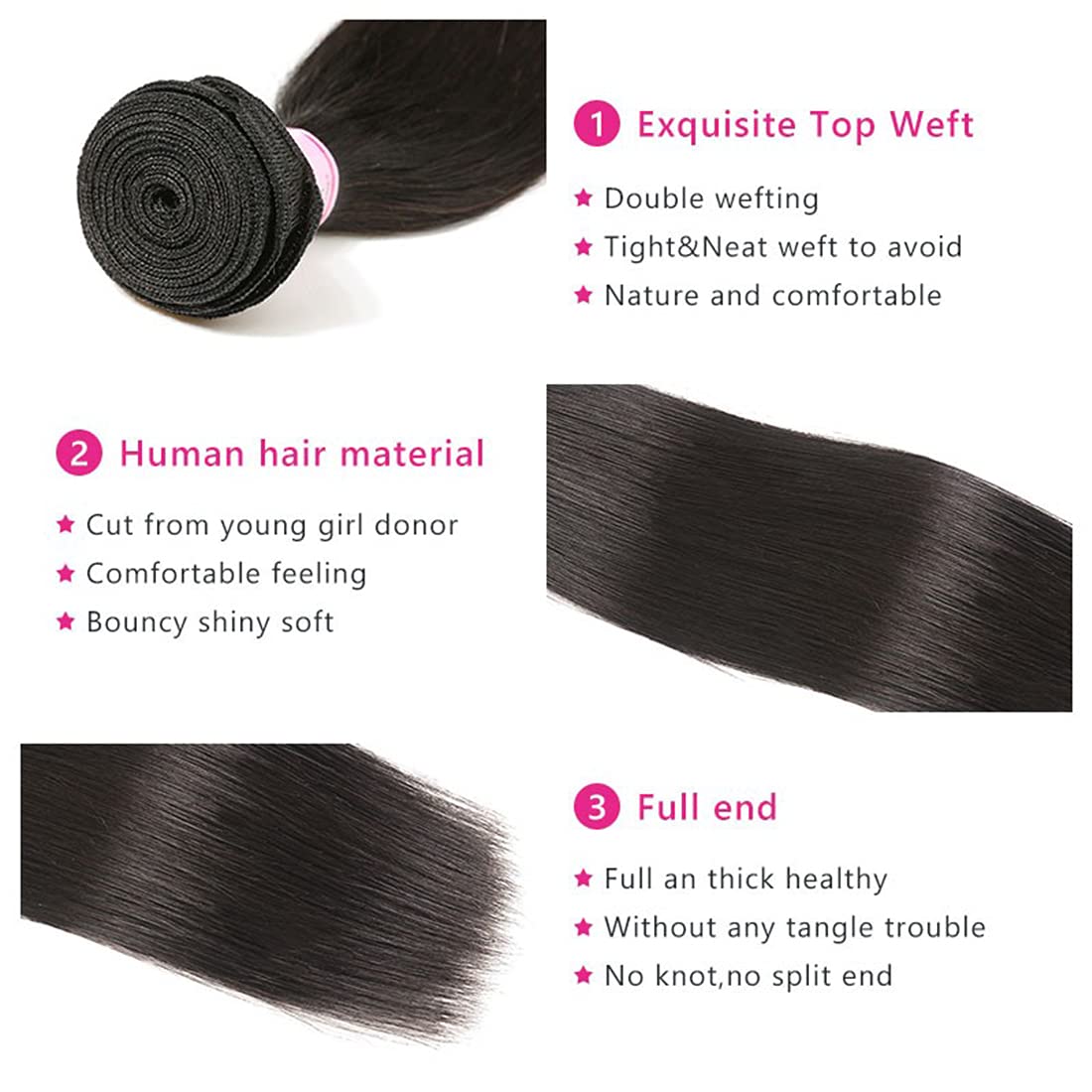 Beauty Forever 3 Bundles Straight Human Hair with 5x5 HD Lace Closure - Natural Color Brazilian Virgin Hair Extensions for Sew-In Weave & Styling