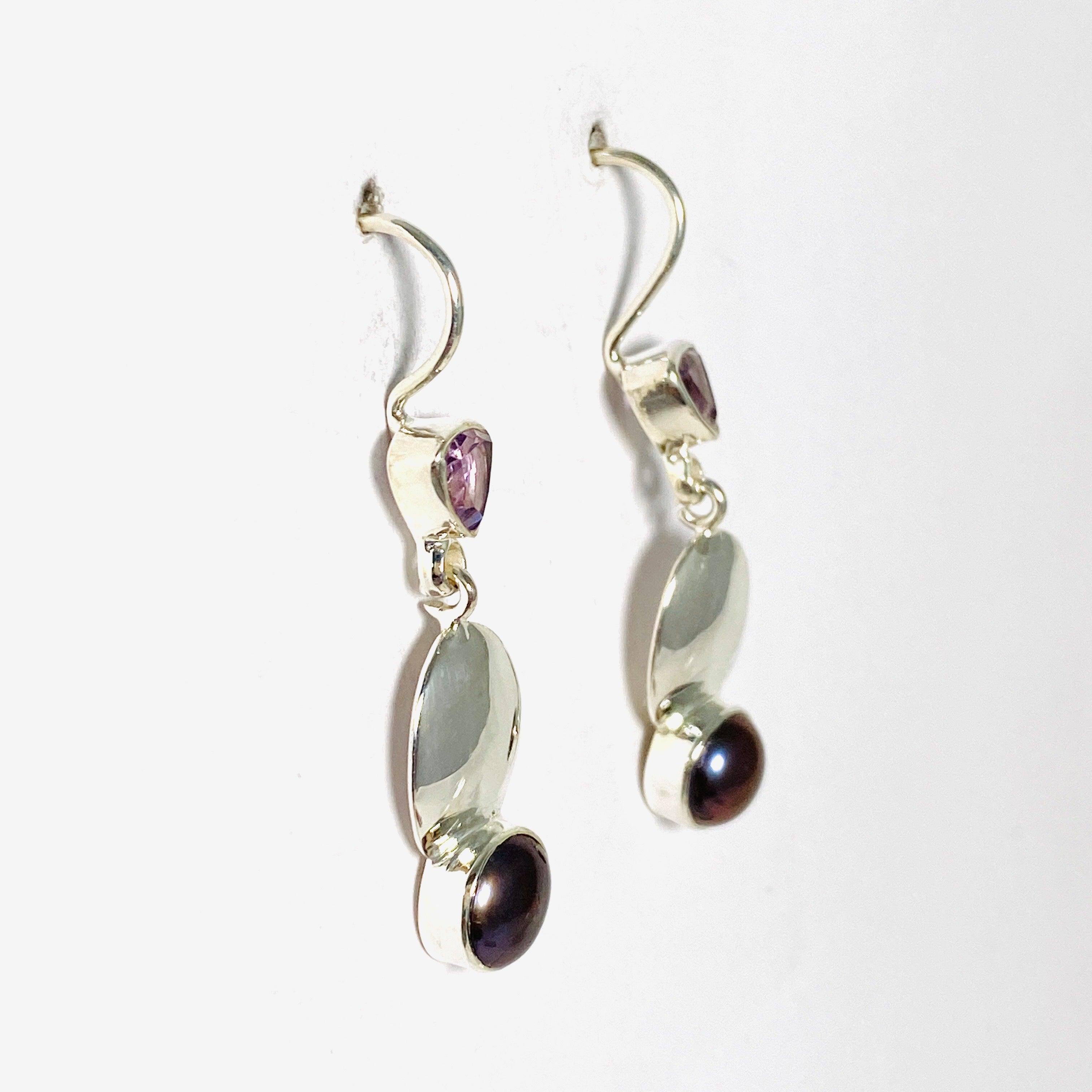 Elegant Faceted Pearl and Amethyst Earrings E2531 AM - Perfect for Weddings, Parties & Special Occasions