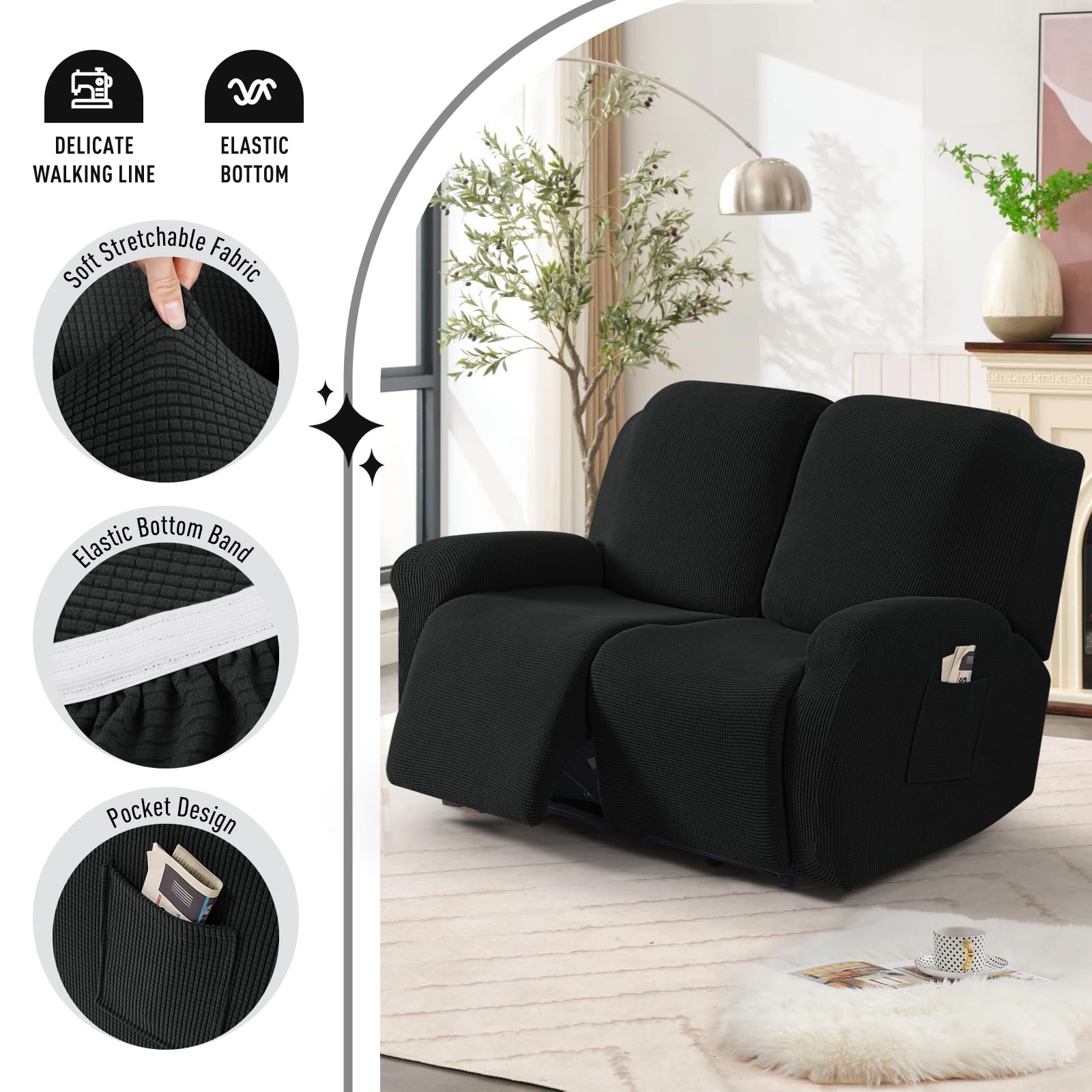 TAOCOCO 6-Piece Recliner Loveseat Slipcover - Stretchable Jacquard Sofa Cover for Dual Reclining 2-Seater Couches, Soft Furniture Protector with Elastic Edges (Black) - Perfect for Living Room, Family Room & Home Theater Seating Protection