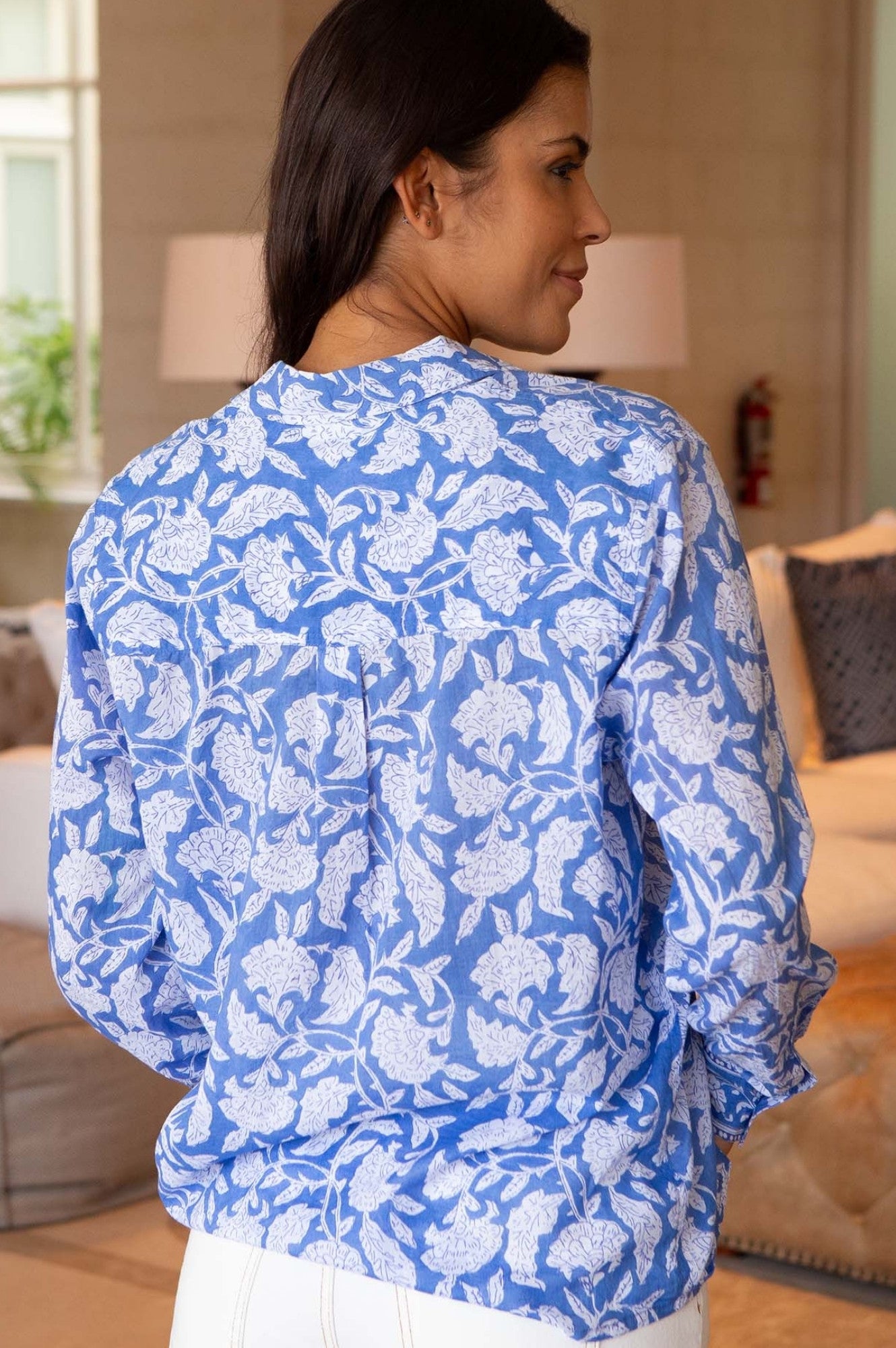 Tiana Organic Cotton Shirt for Women - Soft Breathable Comfort Fit Blouse in Dianthus Blue/White - Perfect for Casual Wear, Office & Summer Outfits