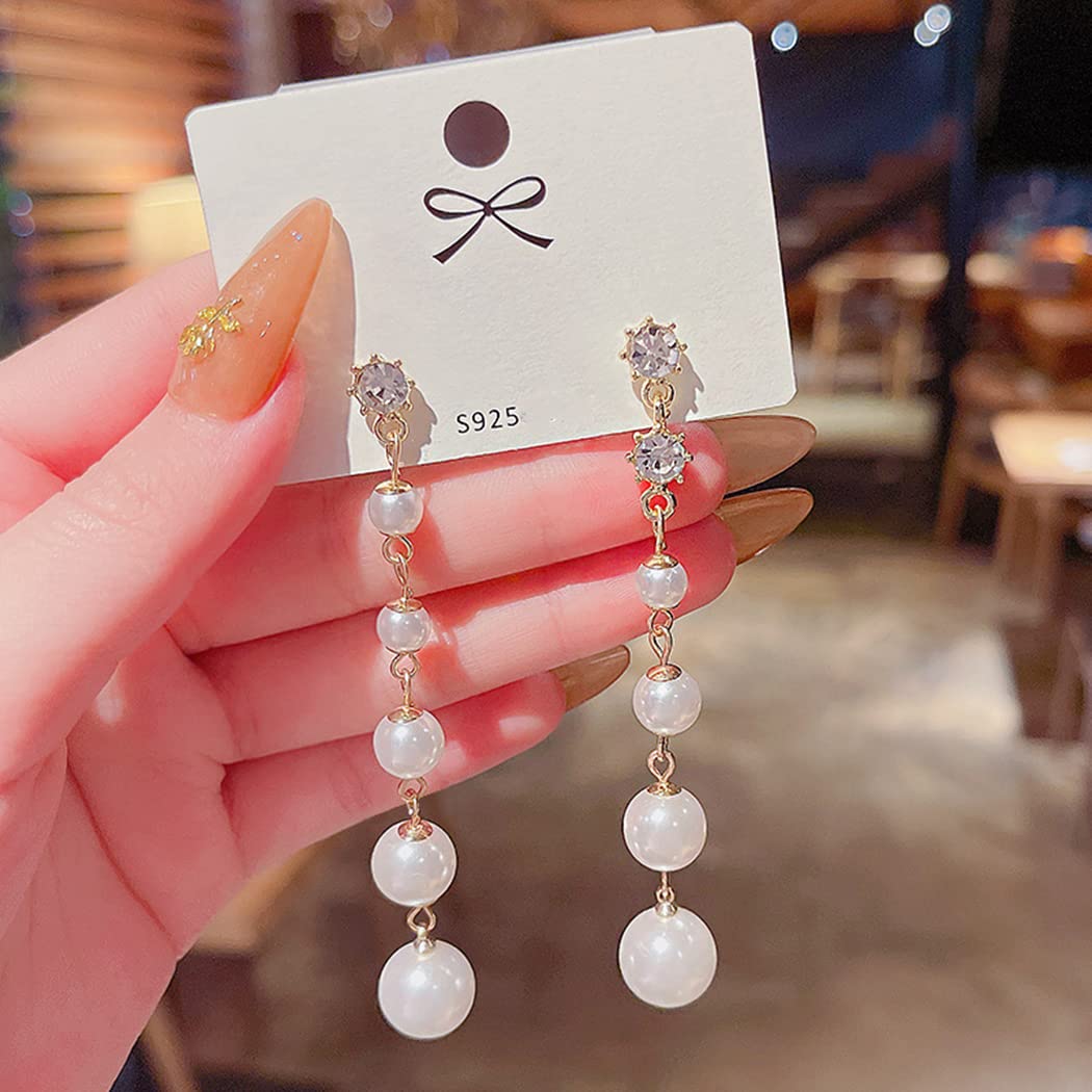 Elegant Pearl Dangle Drop Earrings for Women - 18K Gold Plated & Sterling Silver Long Tassel Pearl Ball Chain Earrings | Perfect for Weddings, Parties & Formal Occasions