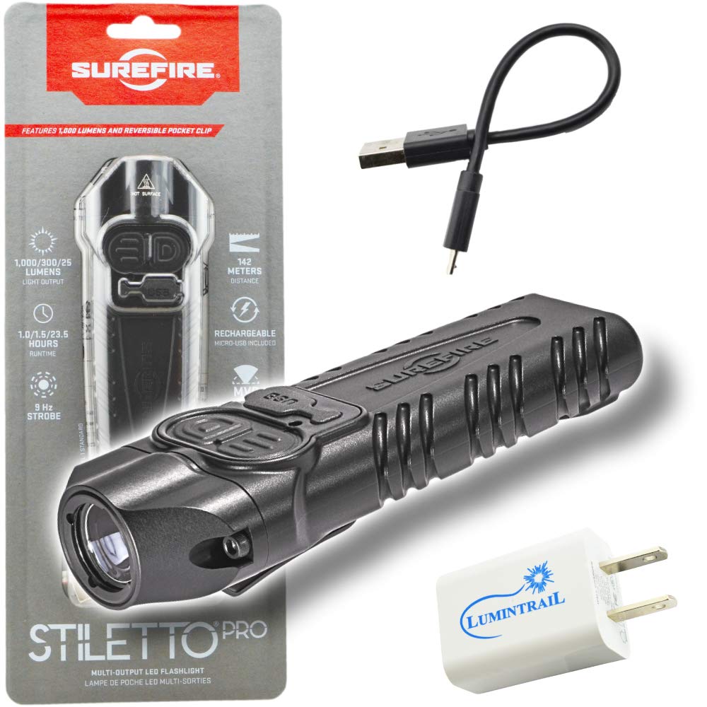 SureFire Stiletto PRO PLR-B 1000 Lumen Rechargeable LED Flashlight with Lumintrail USB Wall Adapter - Compact EDC Pocket Light for Camping, Hiking & Emergency Preparedness