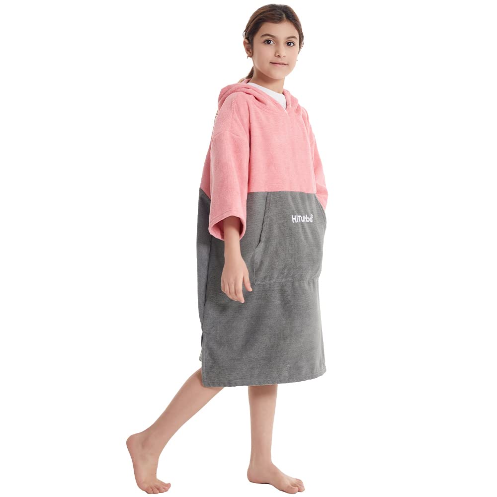 Hiturbo Kids Changing Towel Robe - Super Absorbent Quick Dry Surf Poncho with 3/4 Sleeves, Microfiber Bath Towel for Beach, Pool & Swimming - Perfect for Boys & Girls (Pink/Gray) - Great for After-Swim Changing, Sun Protection & Outdoor Activities