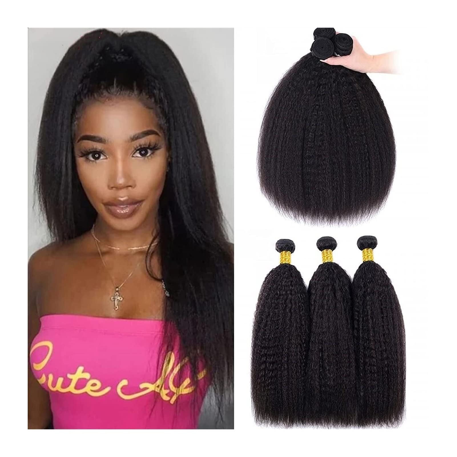 Kinky Straight Human Hair Bundles - 100% Virgin Remy Hair Extensions for Black Women (1/3/4 Pcs) | Indian Yaki Straight Texture, Natural Color | Perfect for Daily Styling, Special Occasions & Protective Hairstyles
