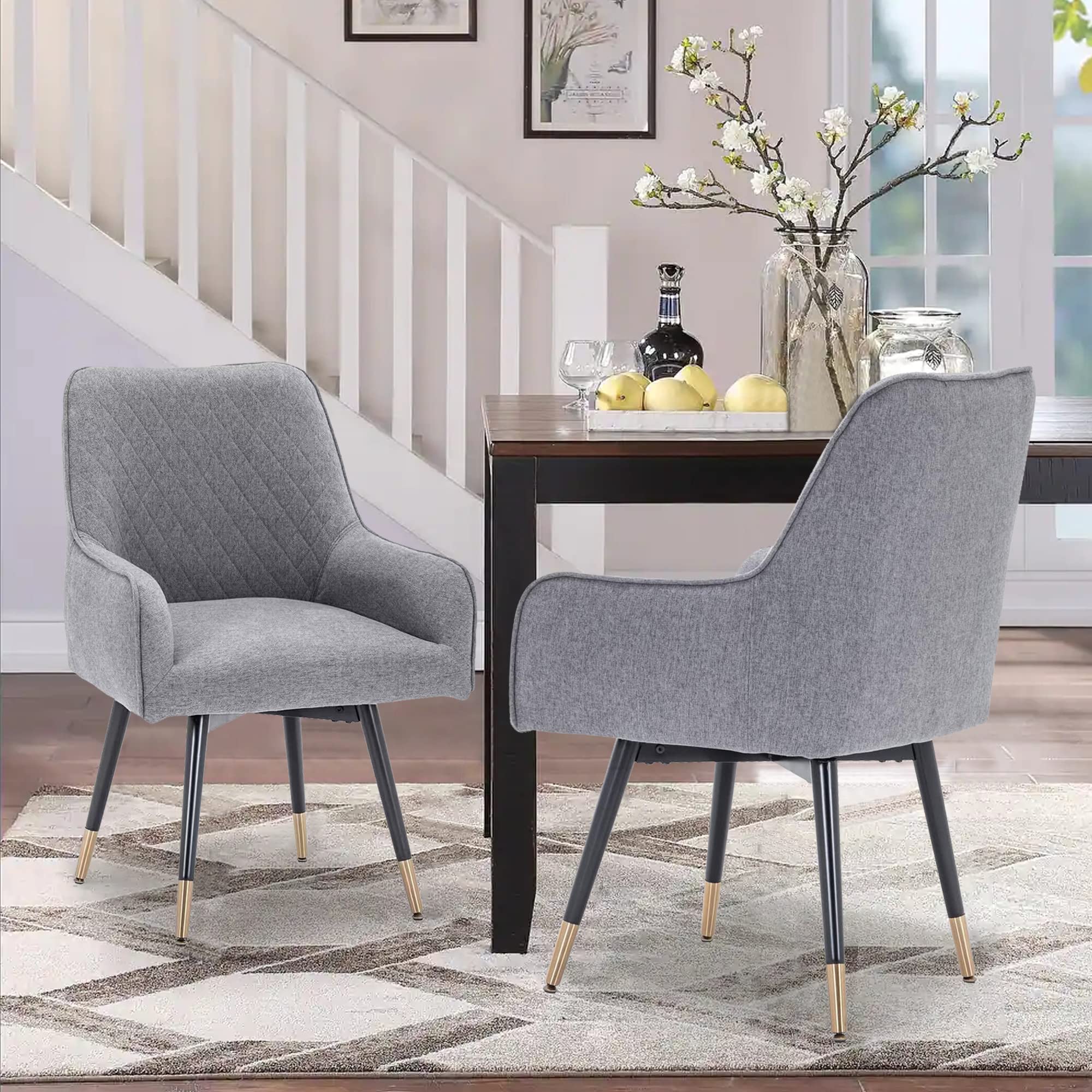 2 Pack Swivel Dining Chairs - Gray Upholstered Accent Chairs with Non-Slip Rubber Caps & Arms for Living Room, Kitchen, Dining Room & Office - Modern Home Furniture Set