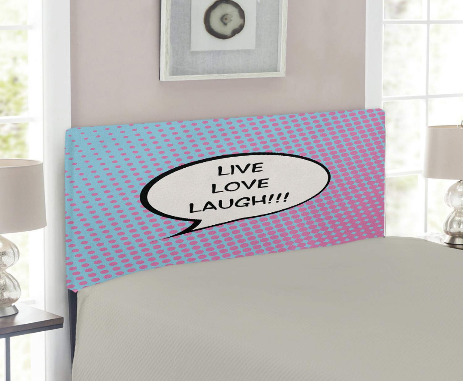 Ambesonne Live Laugh Love Upholstered Headboard - Pop Art Comic Style with Halftone Dots & Retro Speech Balloons - Decorative Metal Bed Frame with Memory Foam - Twin Size Multicolor - Perfect for Teen Bedrooms, Dorm Decor & Retro Themed Spaces