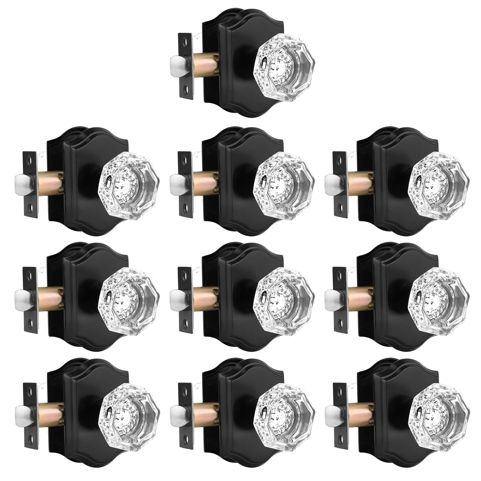 Gobrico 10-Pack Crystal Interior Door Knobs - Octagon Clear Diamond Knob Handles with Matte Black Arched Rosette, Passage Function for Hallway, Closet, Bedroom & Bathroom Doors - Premium Home Decoration Hardware