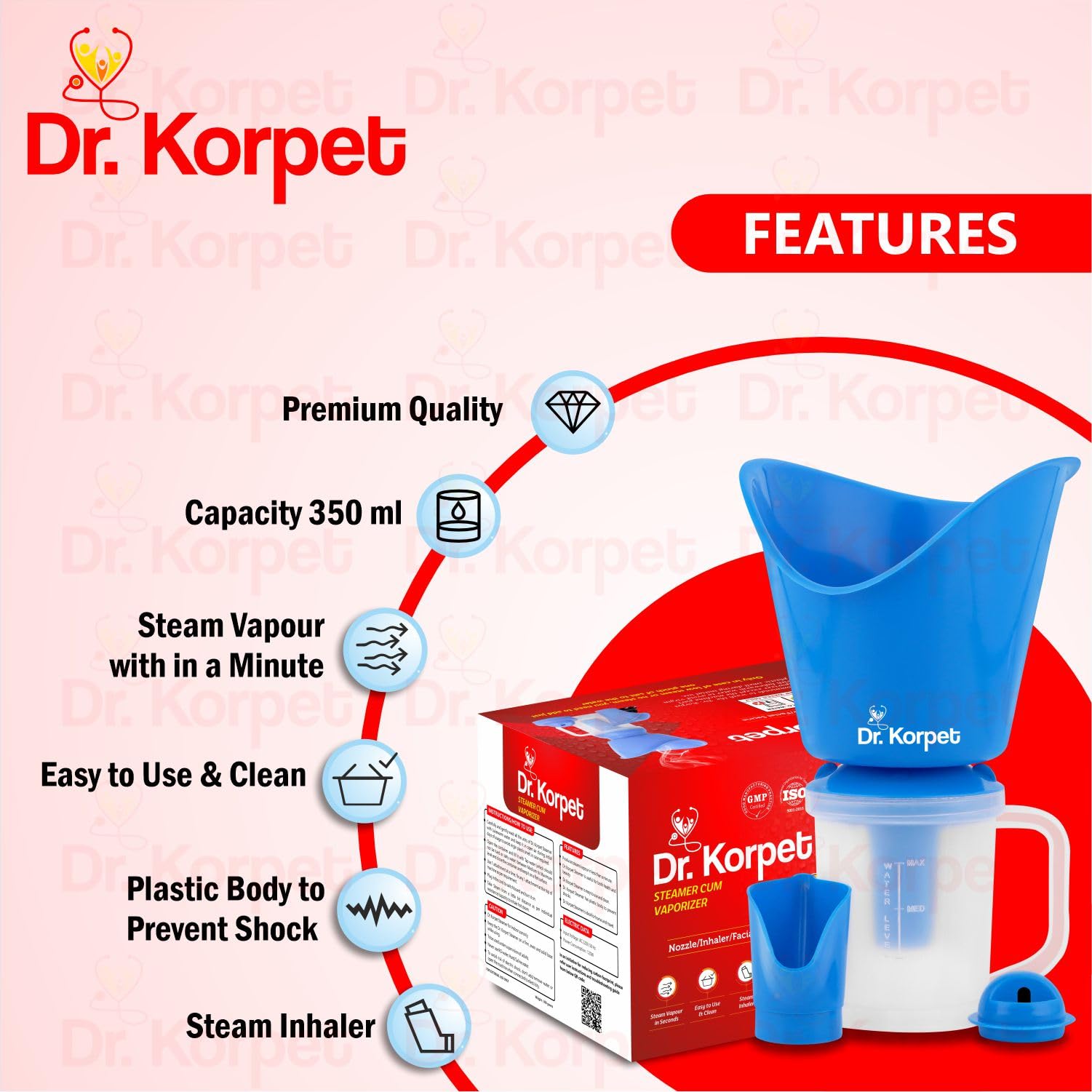 Dr. Korpet Steamer for Cold & Cough Relief - Portable Vaporizer for Adults, Facial Steamer & Steam Inhaler - Soothe Congestion & Hydrate Skin - Perfect for Home & Travel Use (Blue)