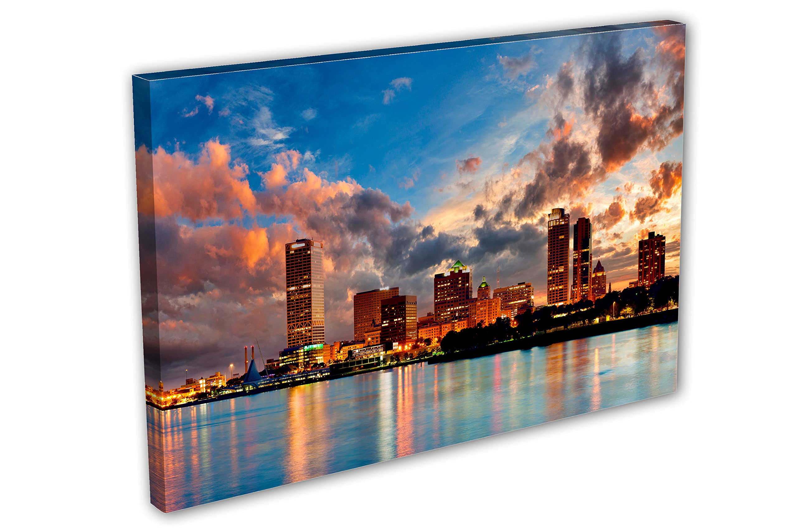 36x24 Milwaukee Skyline Canvas Print - Wisconsin Cityscape Wall Art Decor for Living Room, Office & Bedroom