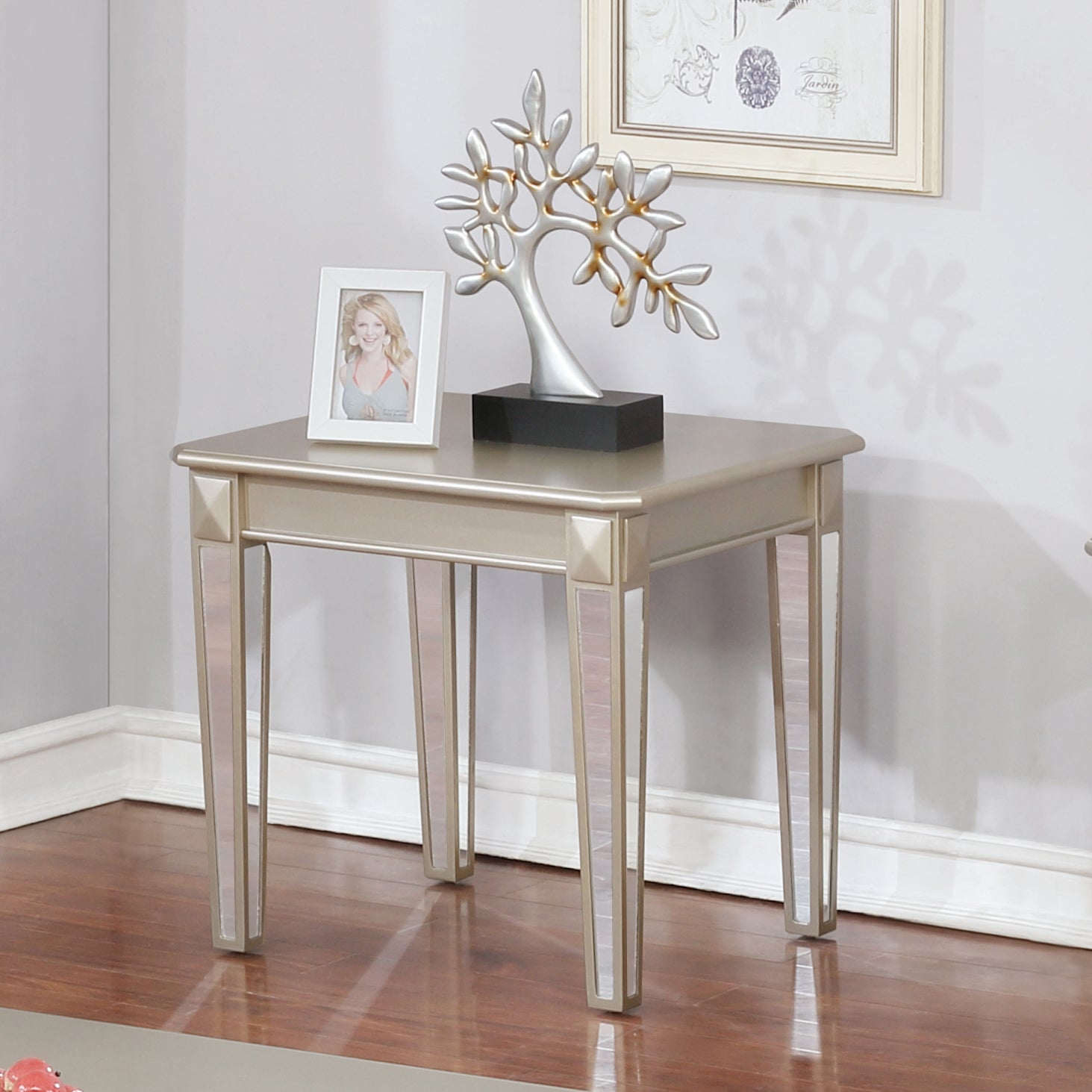 Roundhill Furniture Barent Contemporary Wood End Table with Mirrored Legs, Champagne Finish - Modern Accent Table for Living Room, Bedroom or Office Decor