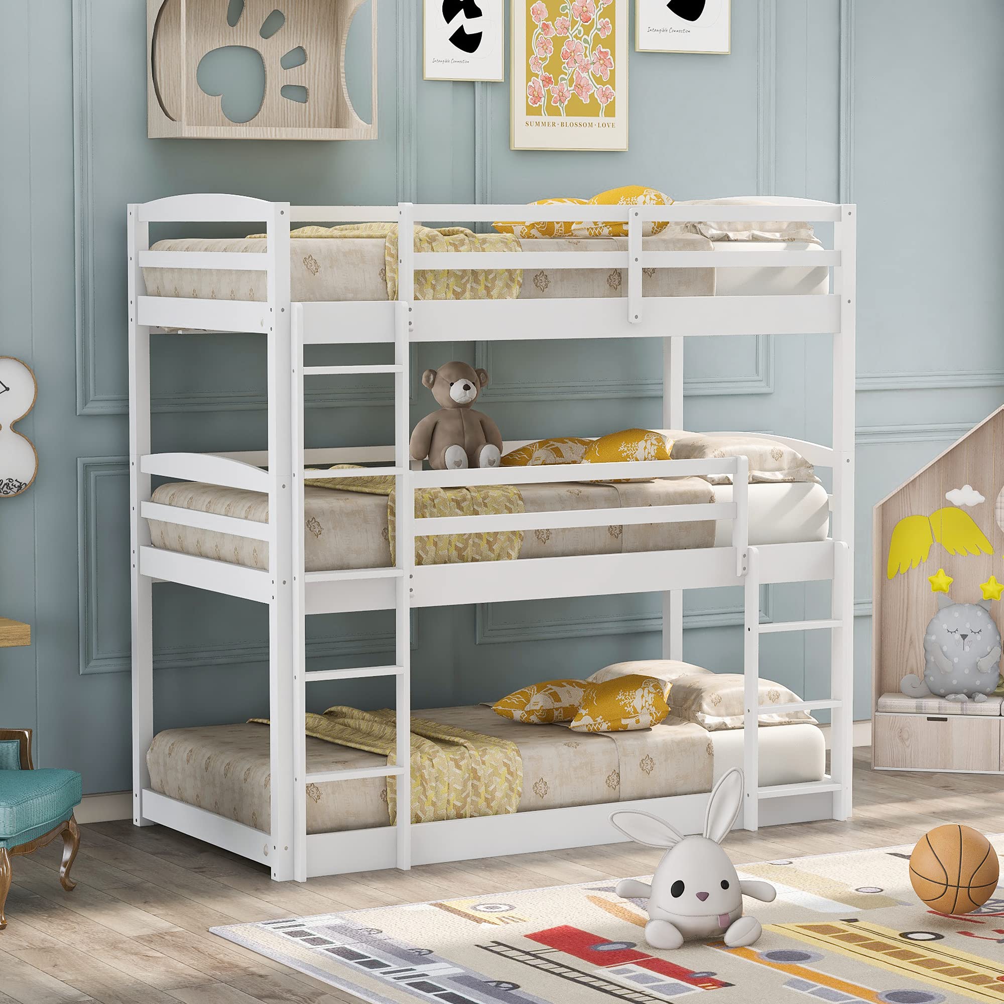 Solid Wood Triple Bunk Bed for Kids - Twin Over Twin Over Twin Bunk Bed Frame with 2 Built-in Ladders & Safety Guardrail, Convertible to Twin Bunk Beds or Loft Bed (White) - Perfect for Small Bedrooms, Kids' Rooms & Space-Saving Solutions