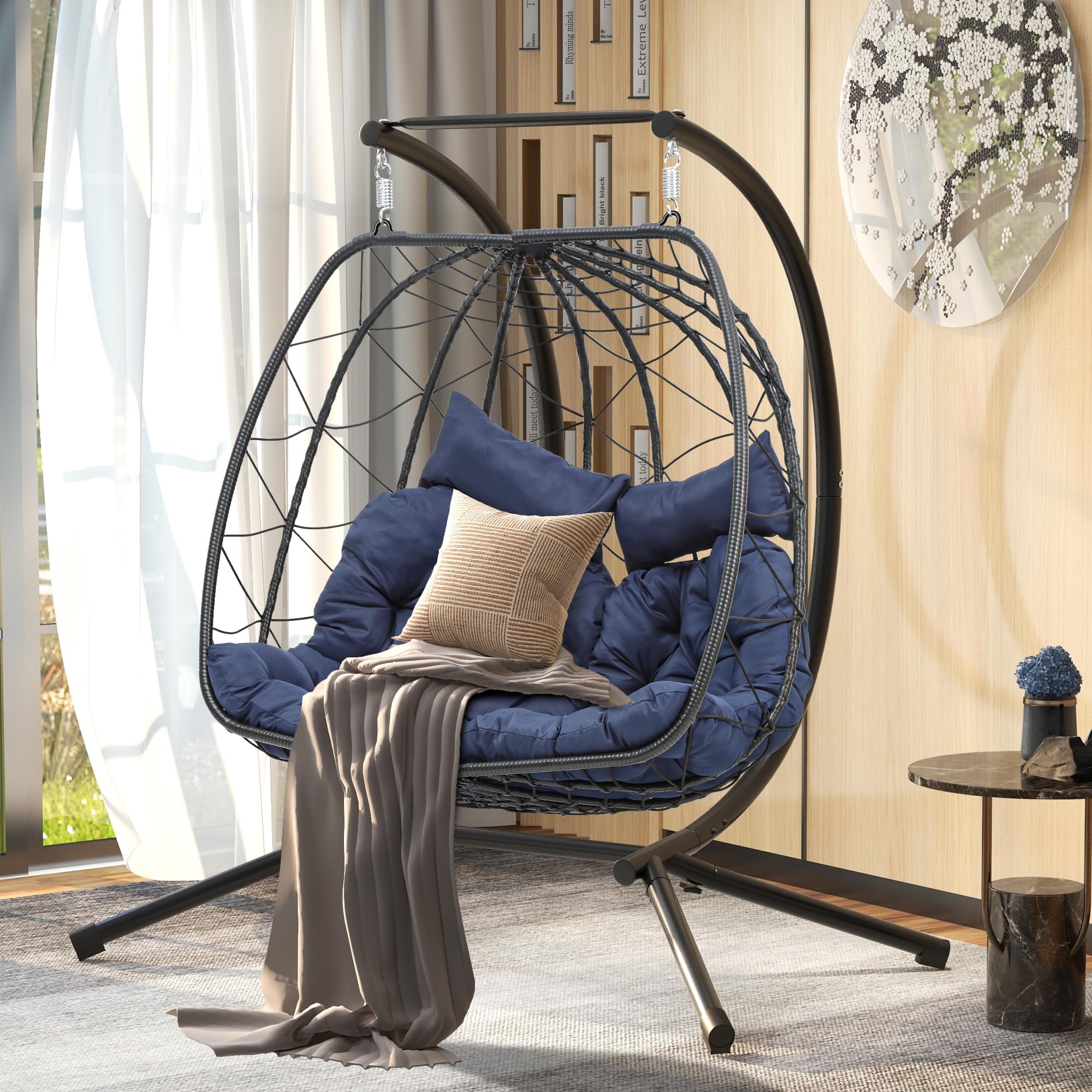 DWVO Double Egg Hanging Swing Chair with Stand - 500lbs Capacity Wicker Egg Chair for Indoor & Outdoor Use - Includes Cushions for Patio, Bedroom, Garden, Balcony - Perfect for Relaxing, Reading & Lounging (Blue)