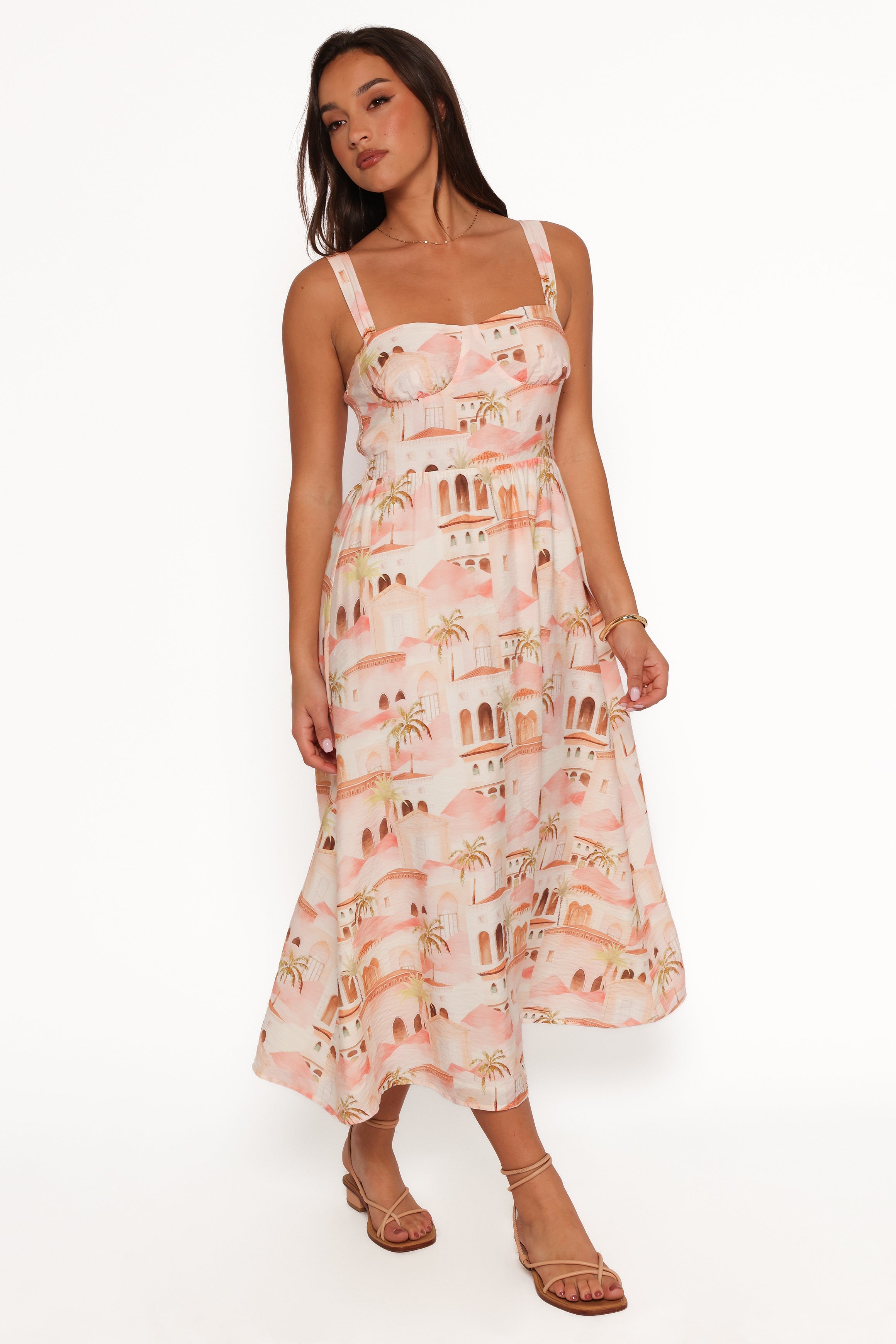 Laurette Midi Dress - Flowy Tan Floral Print Summer Dress for Women | Perfect for Beach Vacations, Date Nights & Outdoor Weddings