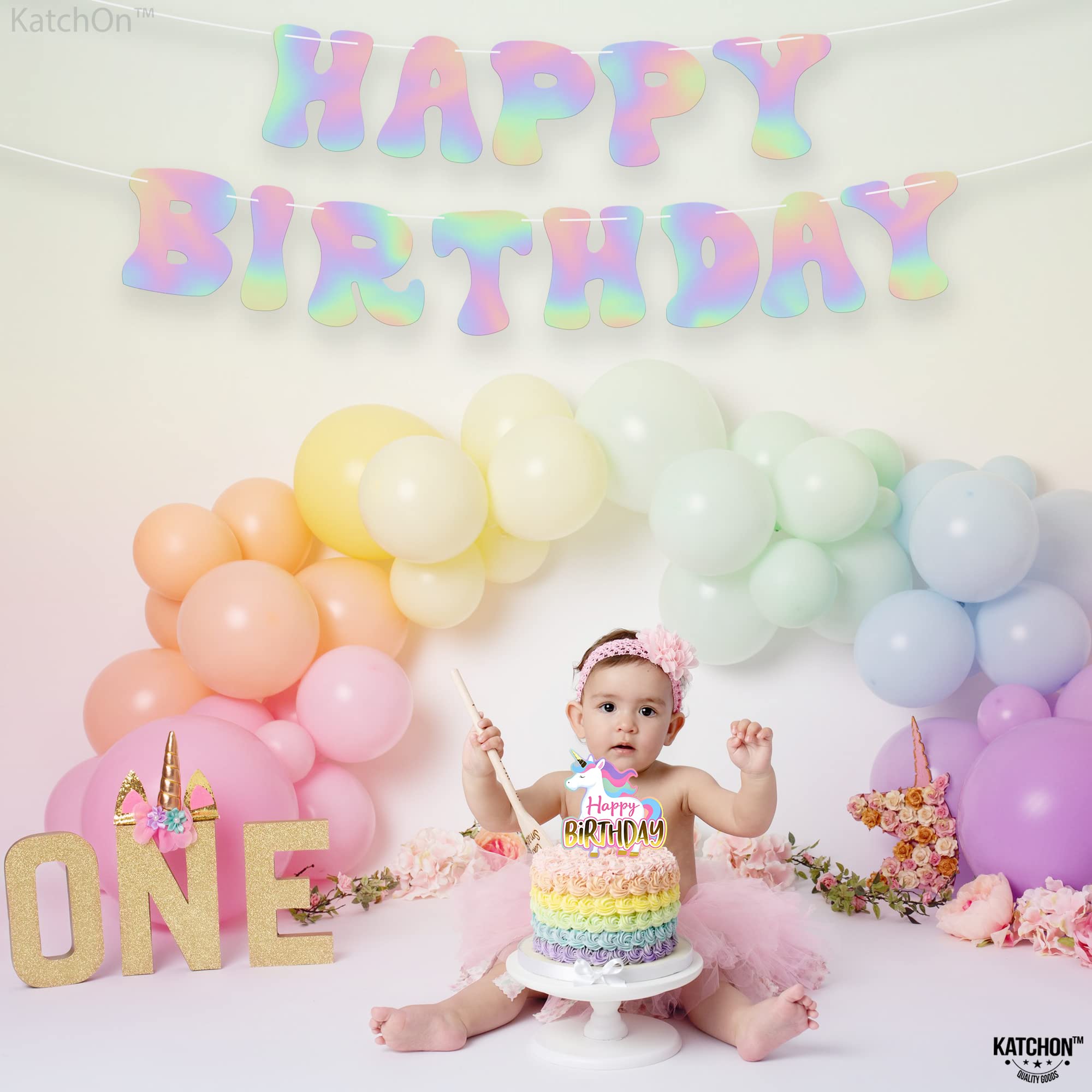 KatchOn 10ft Iridescent Happy Birthday Banner - Prestrung Disco Party Sign, Holographic Birthday Decor for Women | Perfect for Disco Themed Parties, Birthday Celebrations & Home Decorations