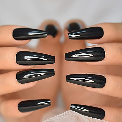 Black Press On Fake Nails Long Coffin - Pure Color Artificial Nails with Glossy Finish - Full Cover False Nails for Women - Perfect for Parties, Weddings & Special Occasions