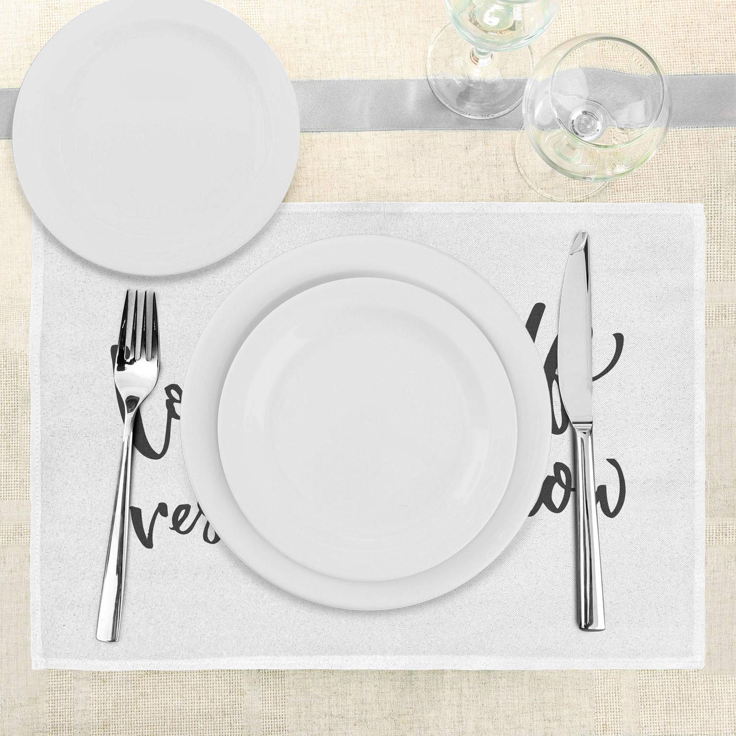 Ambesonne Inspirational Place Mats Set of 4 - 'Love Yourself' Motivational Phrase - Washable Fabric Dining Table Mats - Standard Size Charcoal Grey & White - Perfect for Home Decor, Dinner Parties & Daily Inspiration