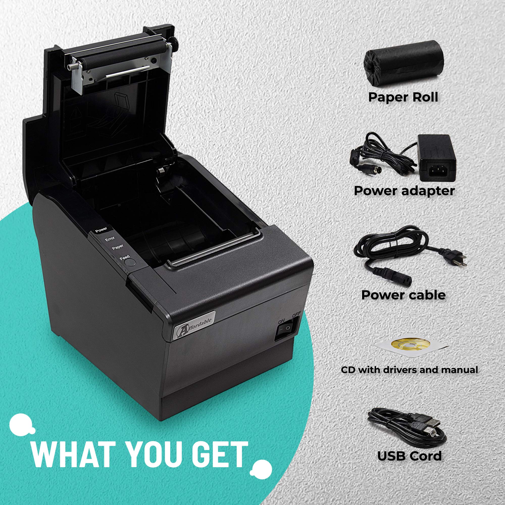 80mm Desktop Thermal Receipt Printer with Auto Cutter - High-Speed 250mm/s Printing - Glossy Black Design - Plug & Play for Retail, Restaurant & POS Systems