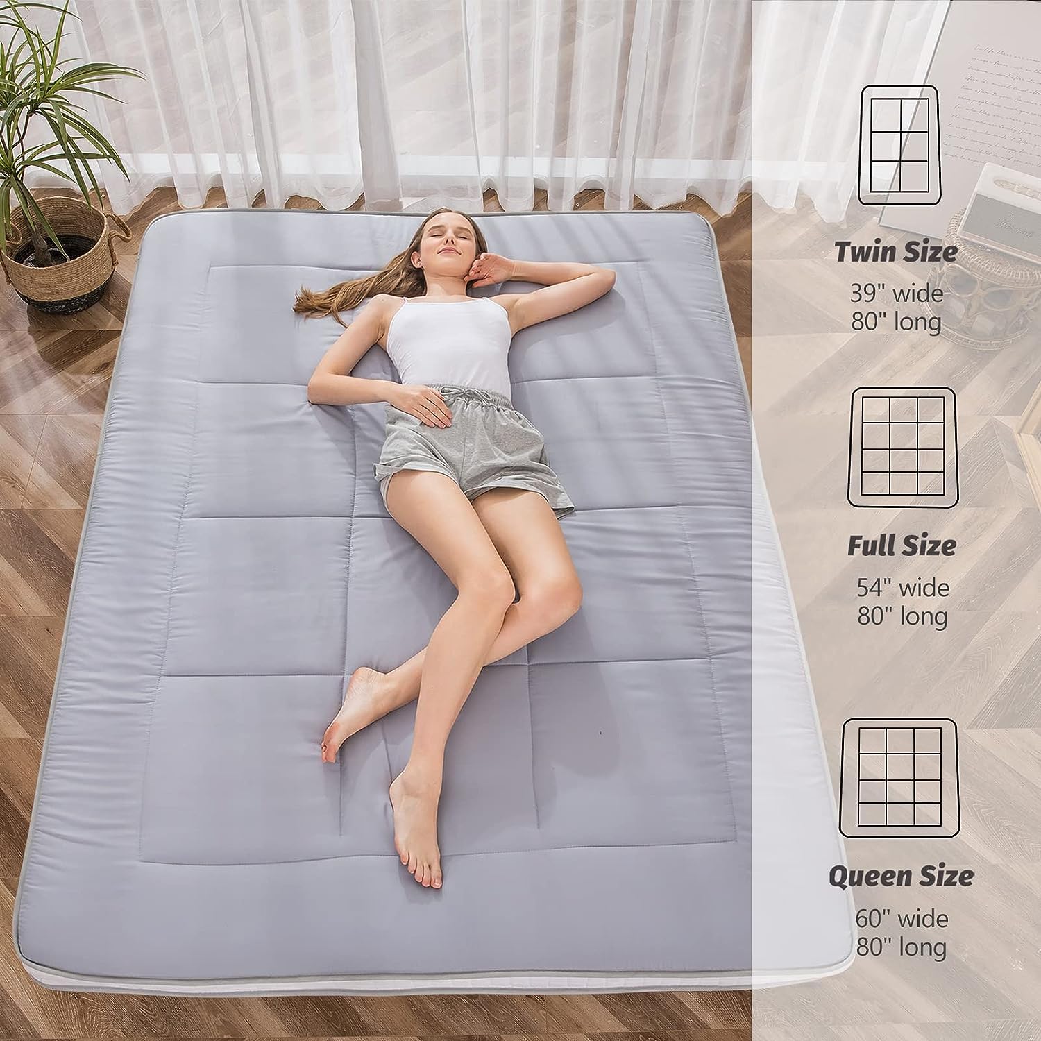 MAXYOYO Futon Mattress - Queen Size Japanese Floor Mattress with Quilted Topper | Extra Thick Foldable Sleeping Pad for Guest Bed, Camping & Couch | Breathable Grey Floor Lounger for Home, Office & Travel