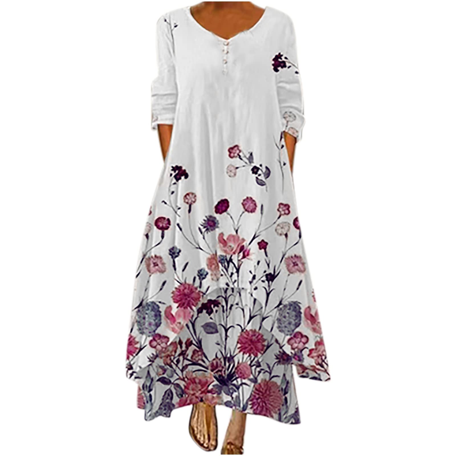 Women's Summer Maxi Dress - Casual Long Sleeve V-Neck Floral Printed Irregular Hem Loose Party Dress for Beach, Vacation & Outdoor Events