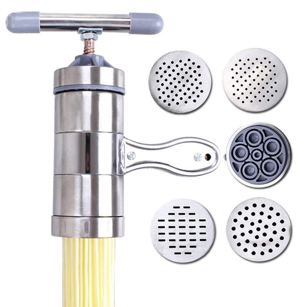 Stainless Steel Manual Pasta Maker Machine with 5 Moulds - Hand Press Noodle Maker & Cutter for Homemade Pasta, Dumplings, and Fruit Juice - Perfect for Italian Cuisine, Asian Noodles, and Healthy Juicing at Home