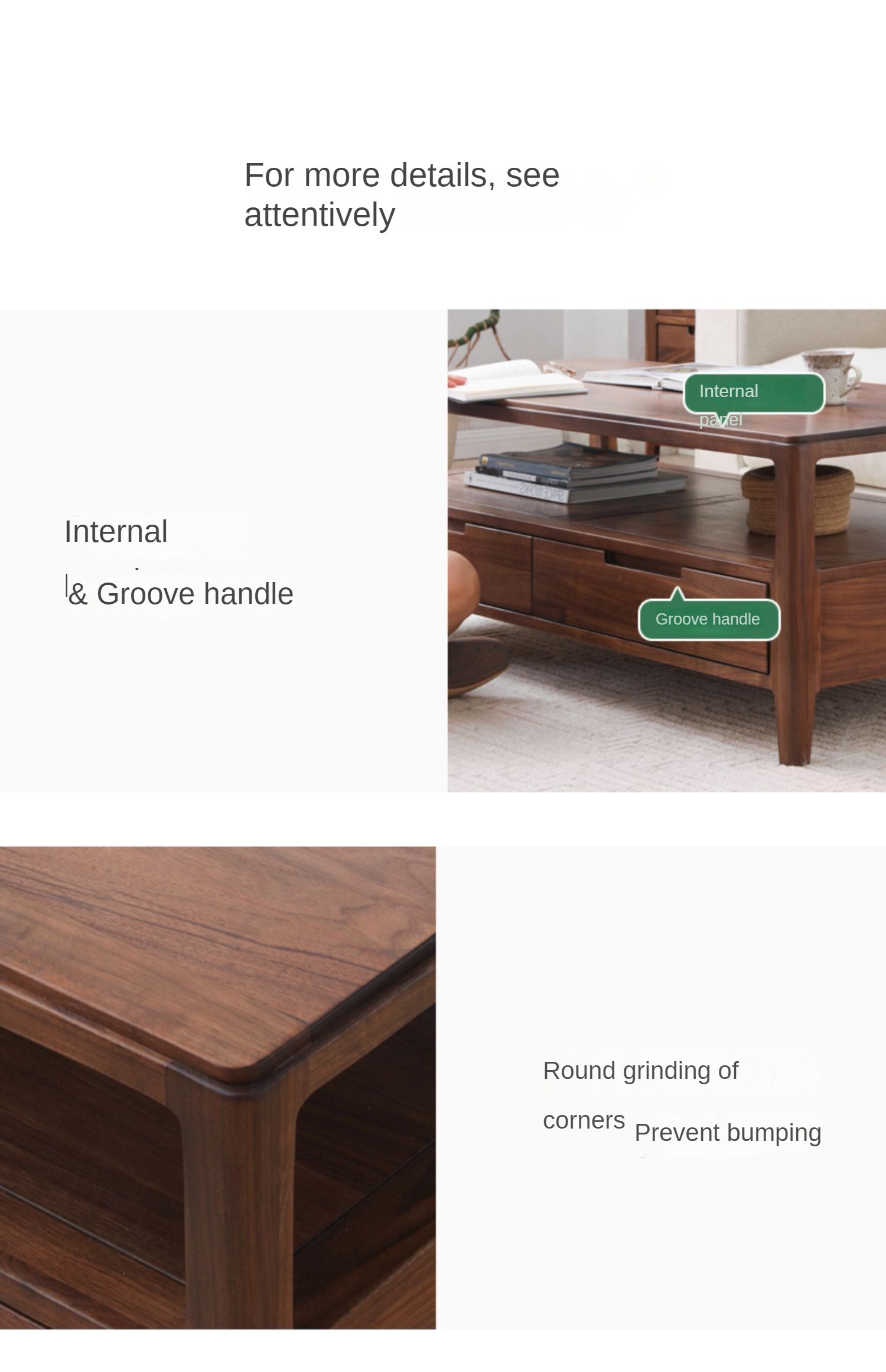 Solid Black Walnut Wood Coffee Table with 4 Drawers - Rustic Modern Living Room Furniture for Home Decor