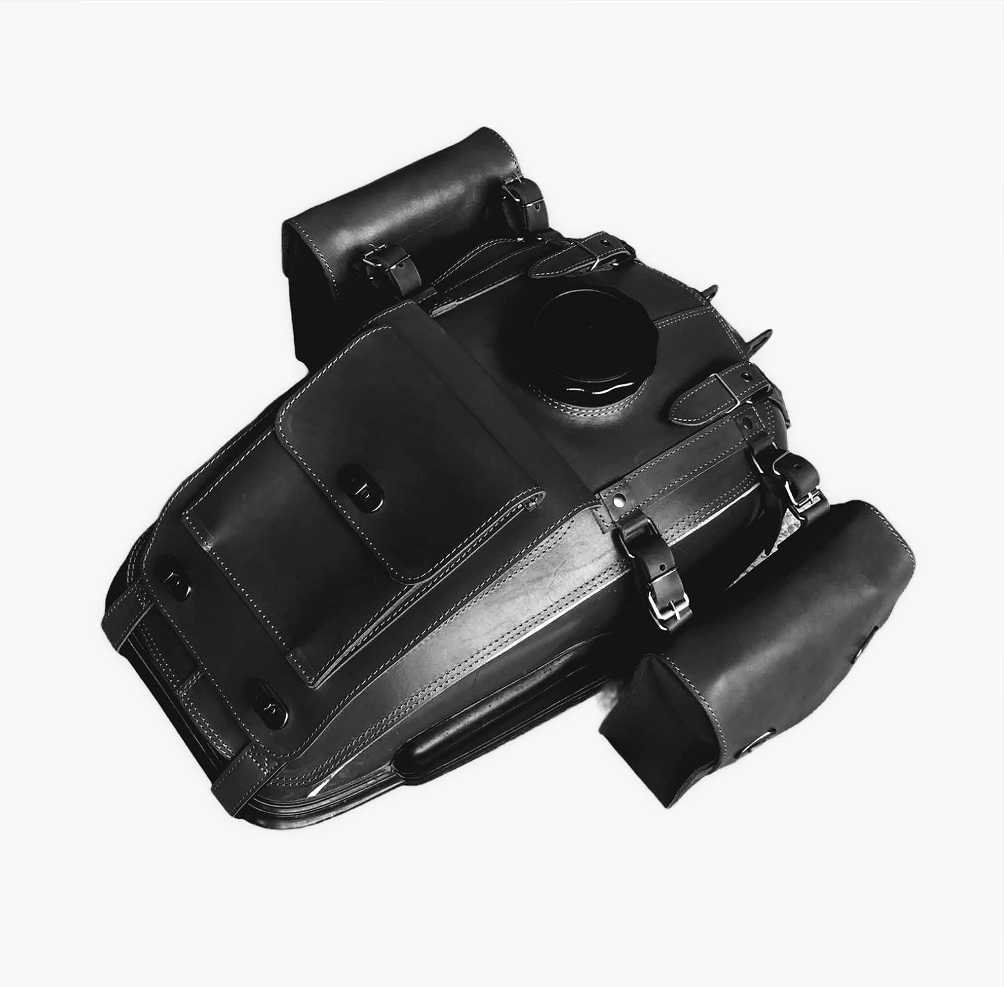 Genuine Leather URAL Fuel Tank Gas Bags with Storage Hole, 1 Pocket & 2 Detachable Side Bags - Black | Motorcycle Accessories for Storage & Travel