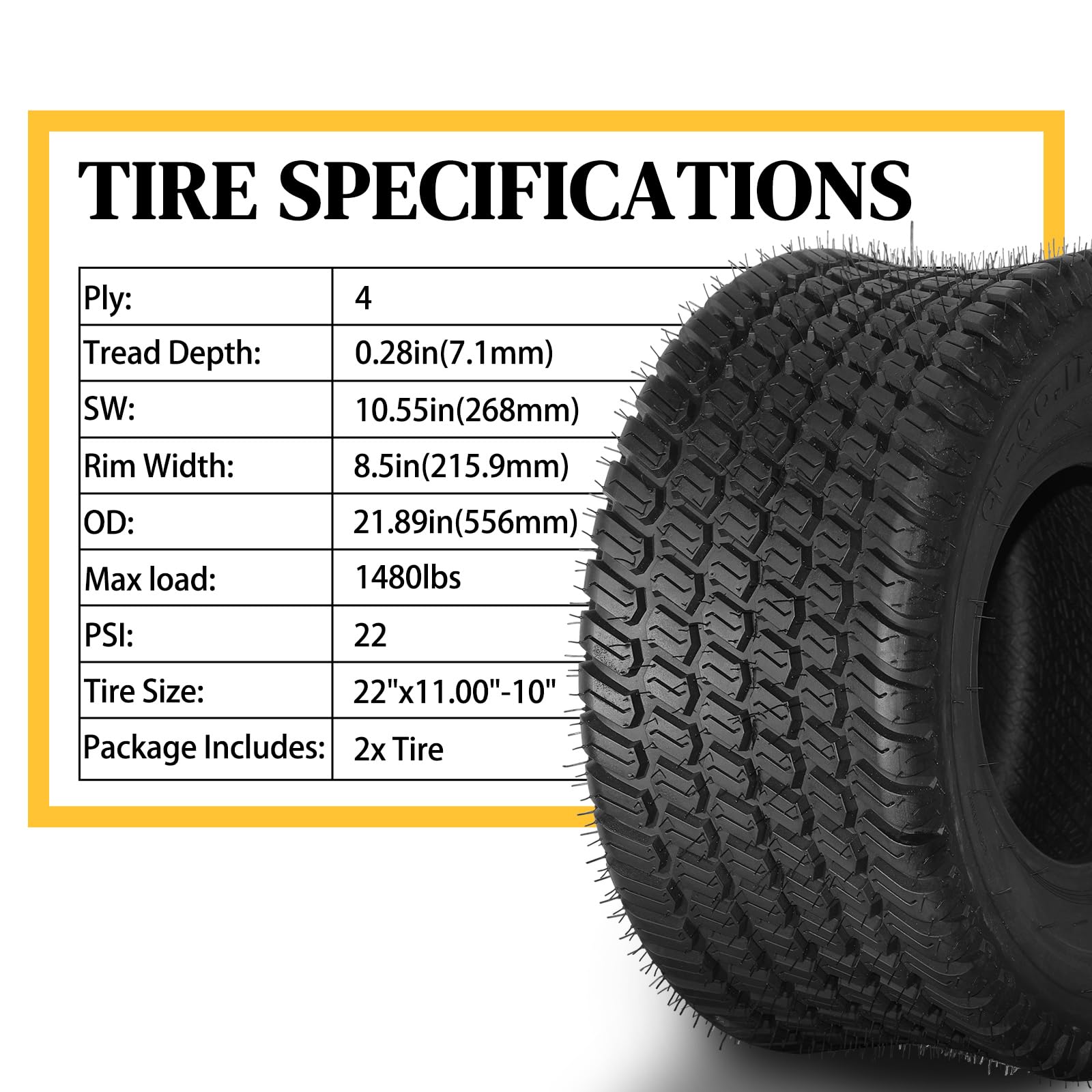 SUNROAD 22x11-10 Tubeless Lawn Mower Tires - Set of 2 (4PR, 22 PSI, 1480Lbs Max Load) - Perfect for Garden Tractors, Turf Equipment & Golf Carts - Ideal for Lawn Maintenance, Landscaping & Smooth Terrain Riding