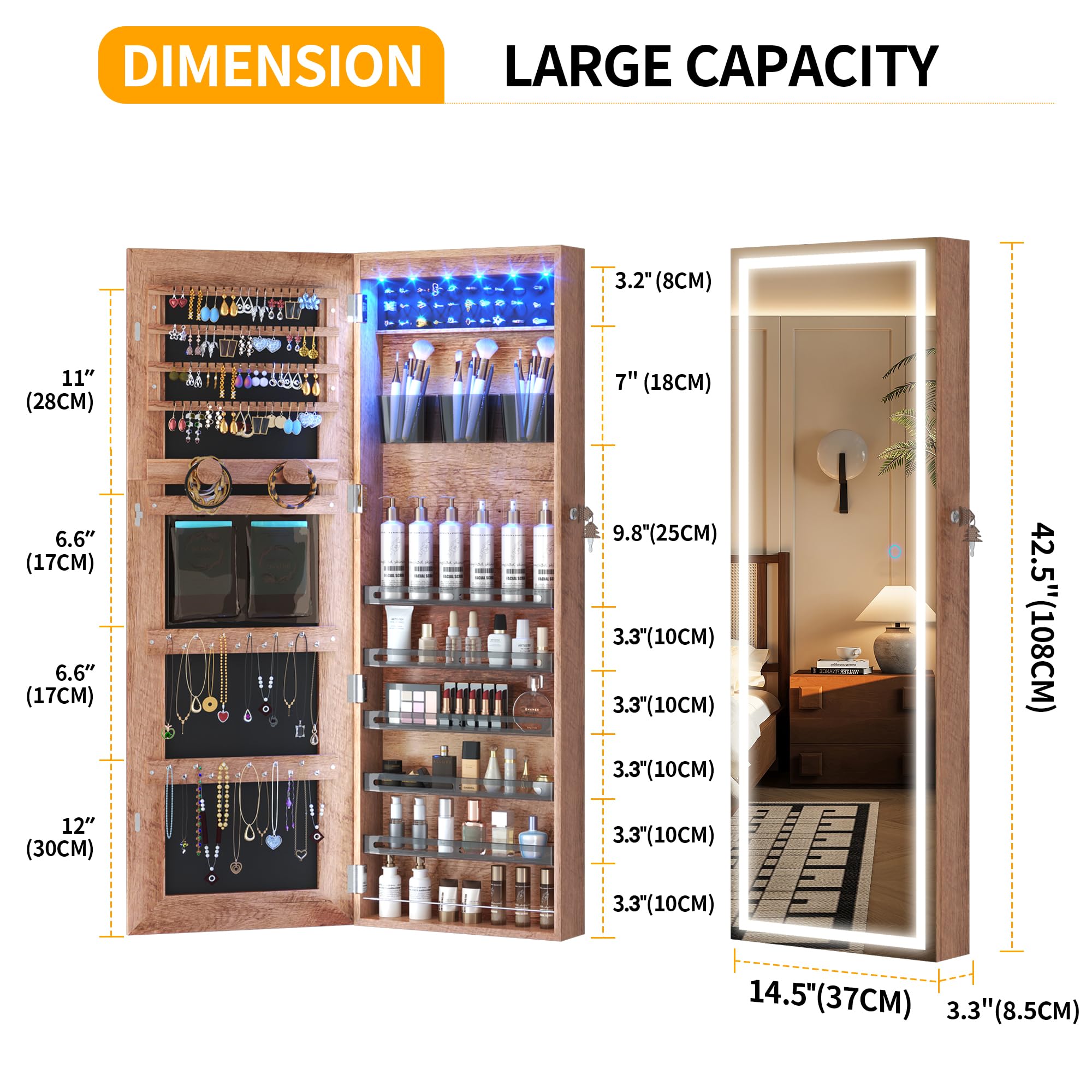 LVSOMT LED Jewelry Cabinet Armoire with Full Length Mirror - Wall/Door Mounted Lockable Storage Organizer with Lights, Over the Door Hanging Dressing Mirror (Wood) - Perfect for Bedroom, Closet & Vanity Organization