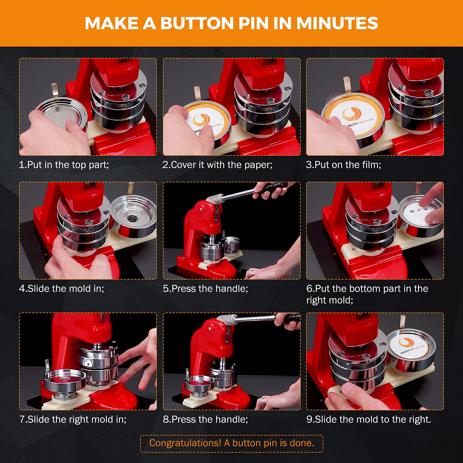 BEAMNOVA 37mm (1-1/2 Inch) Button Badge Maker Machine Kit with 1500 Pieces Button Parts - DIY Custom Pin Buttons for Crafts, Events & Promotional Gifts