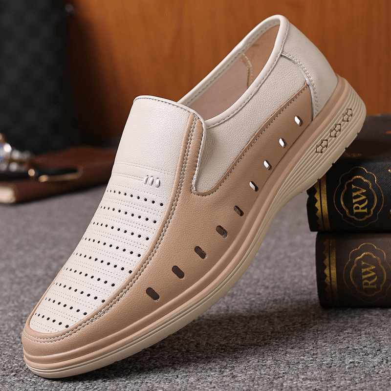 Breathable Cowhide Leather Slip-On Casual Shoes for Men - Hollow Out Design - Comfortable & Lightweight for Walking, Travel & Daily Wear