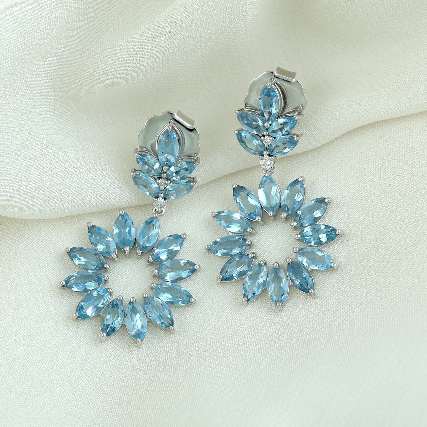 18K White Gold Marquise Aquamarine and Diamond Handmade Dangle Earrings for Women - Perfect for Weddings, Parties & Special Occasions