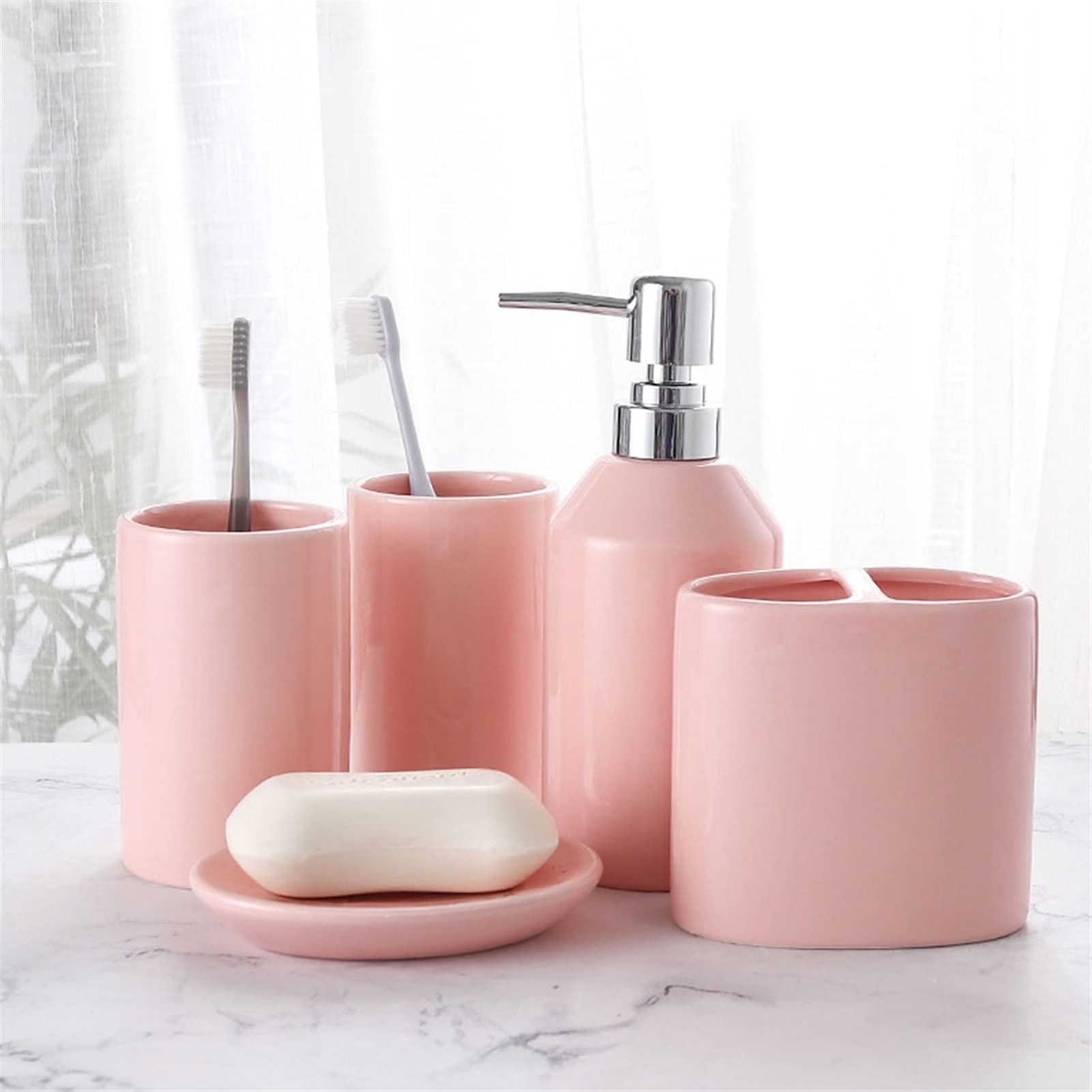 Premium Ceramic 5-Piece Bathroom Accessories Set - Liquid Hand Soap Dispenser, Lotion Dispenser, Toothbrush Holder, Soap Dish & Tumblers | Elegant Bathroom Decor for Home, Hotel & Spa Use