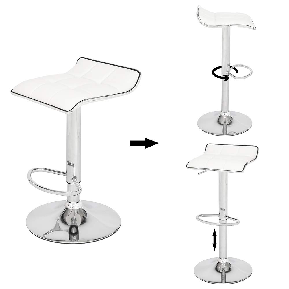 Modern PU Leather Swivel Adjustable Hydraulic Bar Stools Set of 2 - Square Board Curved Foot Design in Cotton Linen Fabric (White) for Kitchen Island, Home Bar & Dining Counter