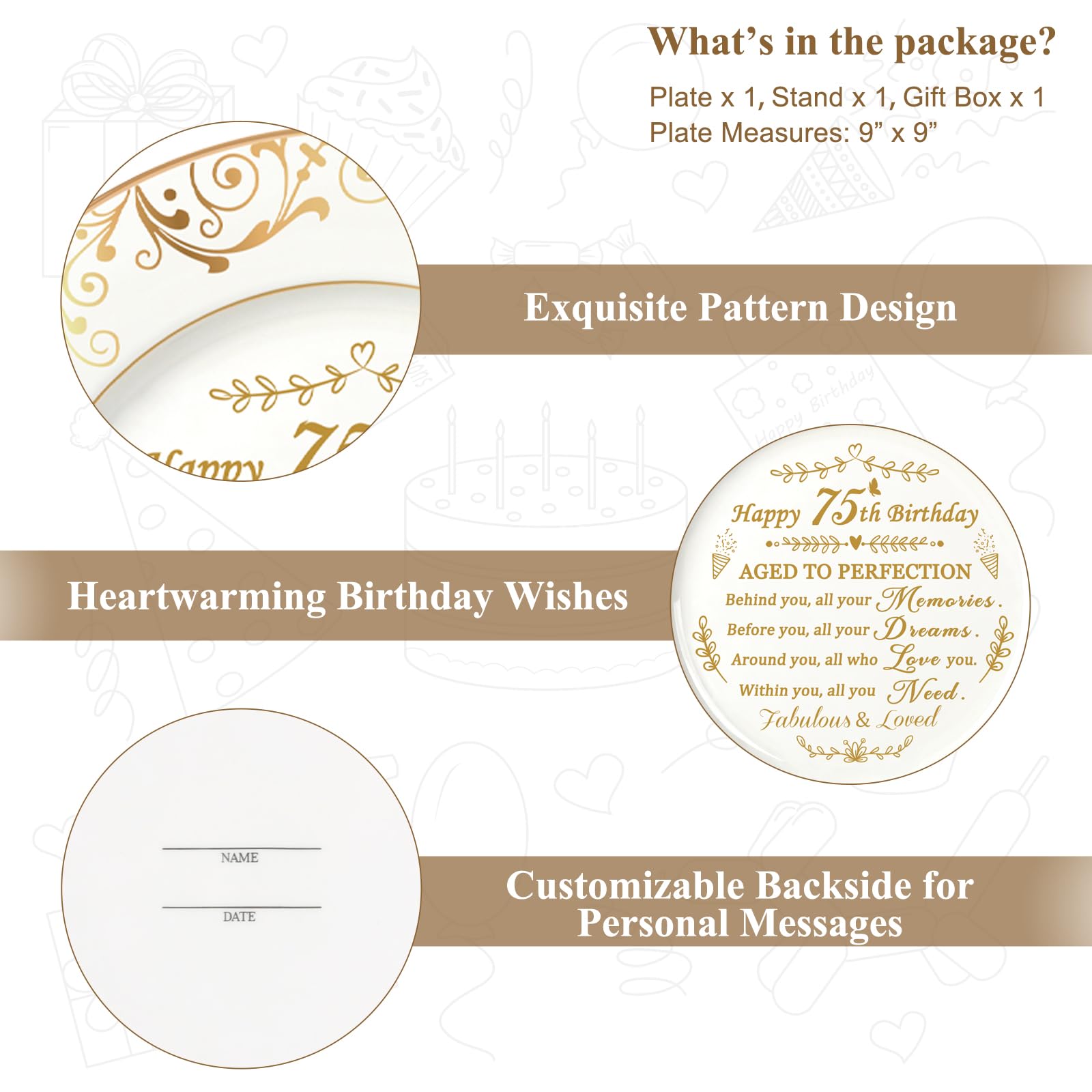 75th Birthday Gifts for Women & Men - Elegant 9 Inch Commemorative Plate with 24K Gold Foil Decorations | Perfect Retirement Gift for Parents, Wife, Husband | Great for Milestone Celebrations & Home Decor
