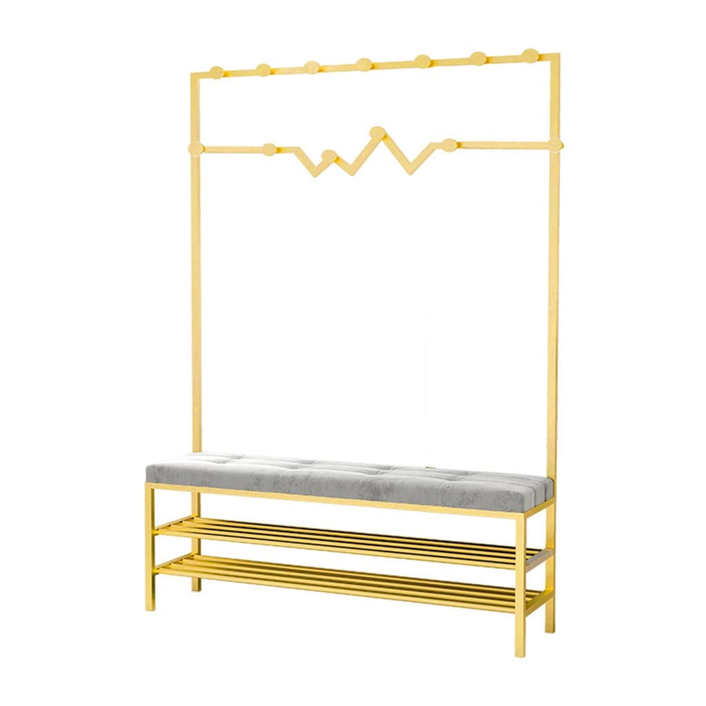3-in-1 Hall Tree Coat Rack with Shoe Bench & Storage Shelf - Wrought Iron Entryway Organizer with Hooks (Gold, 120x30x175cm) - Perfect for Small Spaces, Apartments & Mudroom Organization - Easy Assembly Home Decor