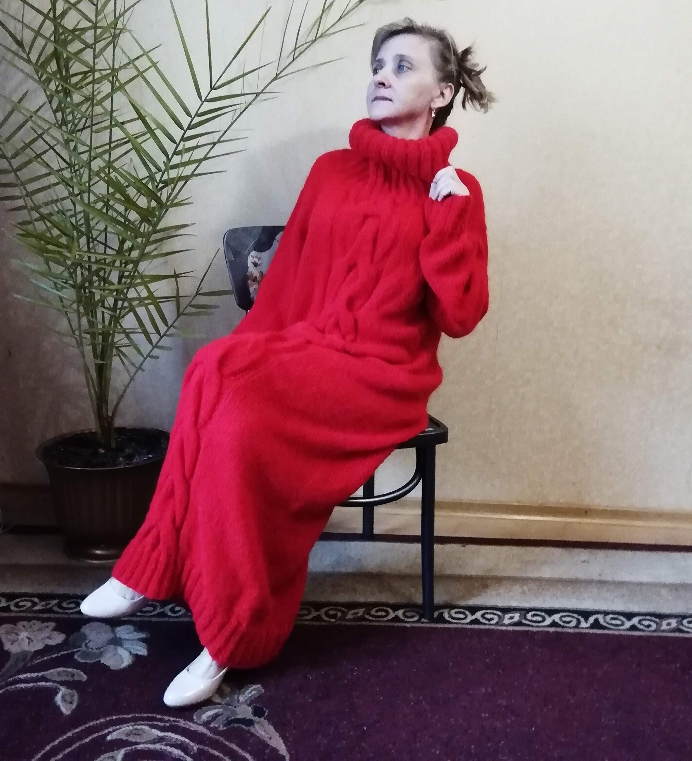 Handmade Bright Red Mohair Turtleneck Sweater Dress for Women - Oversized High Collar, Long Braid, Chunky Knit, Elegant Maternity Tunic, Floor Length | Perfect for Winter Weddings, Holiday Parties & Cozy Office Wear