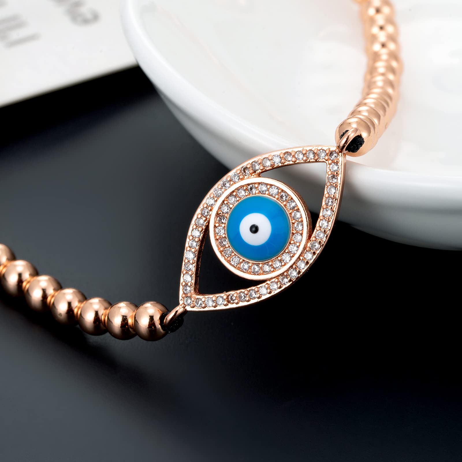 OUXi Evil Eye Protection Bracelet - Handmade Adjustable Rose Gold Braided String Beads with Cubic Zirconia, Blue Eye Charm for Women, Men & Teens | Spiritual Jewelry for Good Luck & Positive Energy