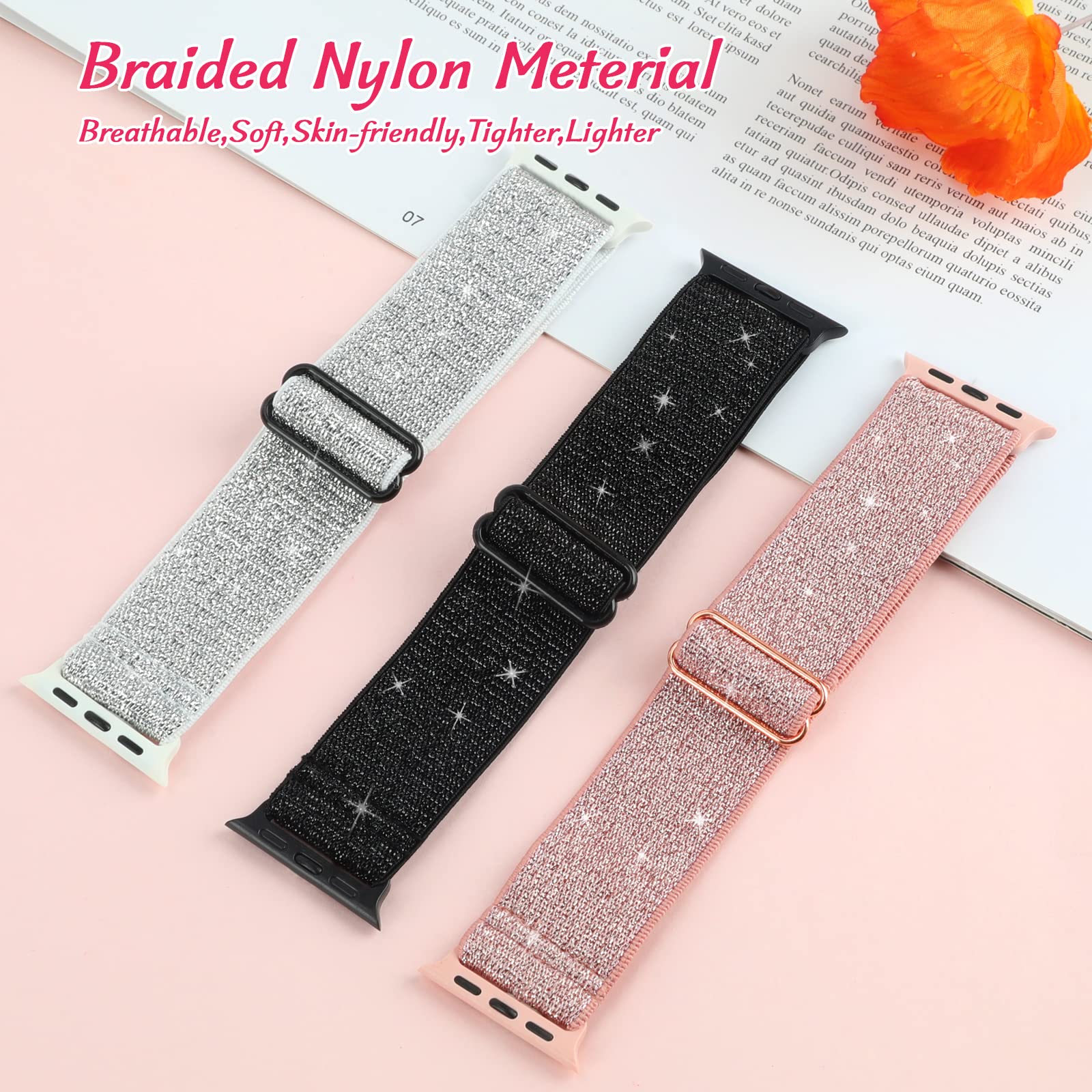 3 Pack Shiny Nylon Stretchy Apple Watch Bands for Women - Compatible with iWatch Series 9/8/7/6/5/4/3/2/1, SE & Ultra (42mm 44mm 45mm 49mm) - Fashionable & Comfortable Wristbands for Workout, Running & Daily Wear