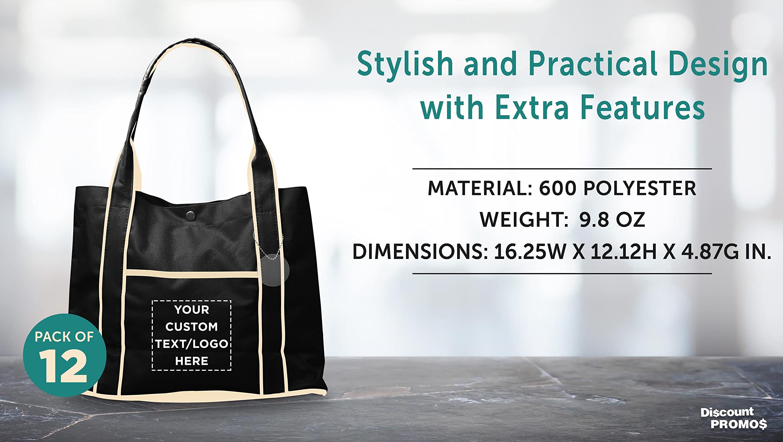 Custom Printed Polyester Tote Bags Bulk Pack - 12 Pack Personalized Fashion Totes with Reinforced Straps & Snap Closure - Durable Reusable Shopping Bags for Grocery, Beach, Work & Everyday Use - Black