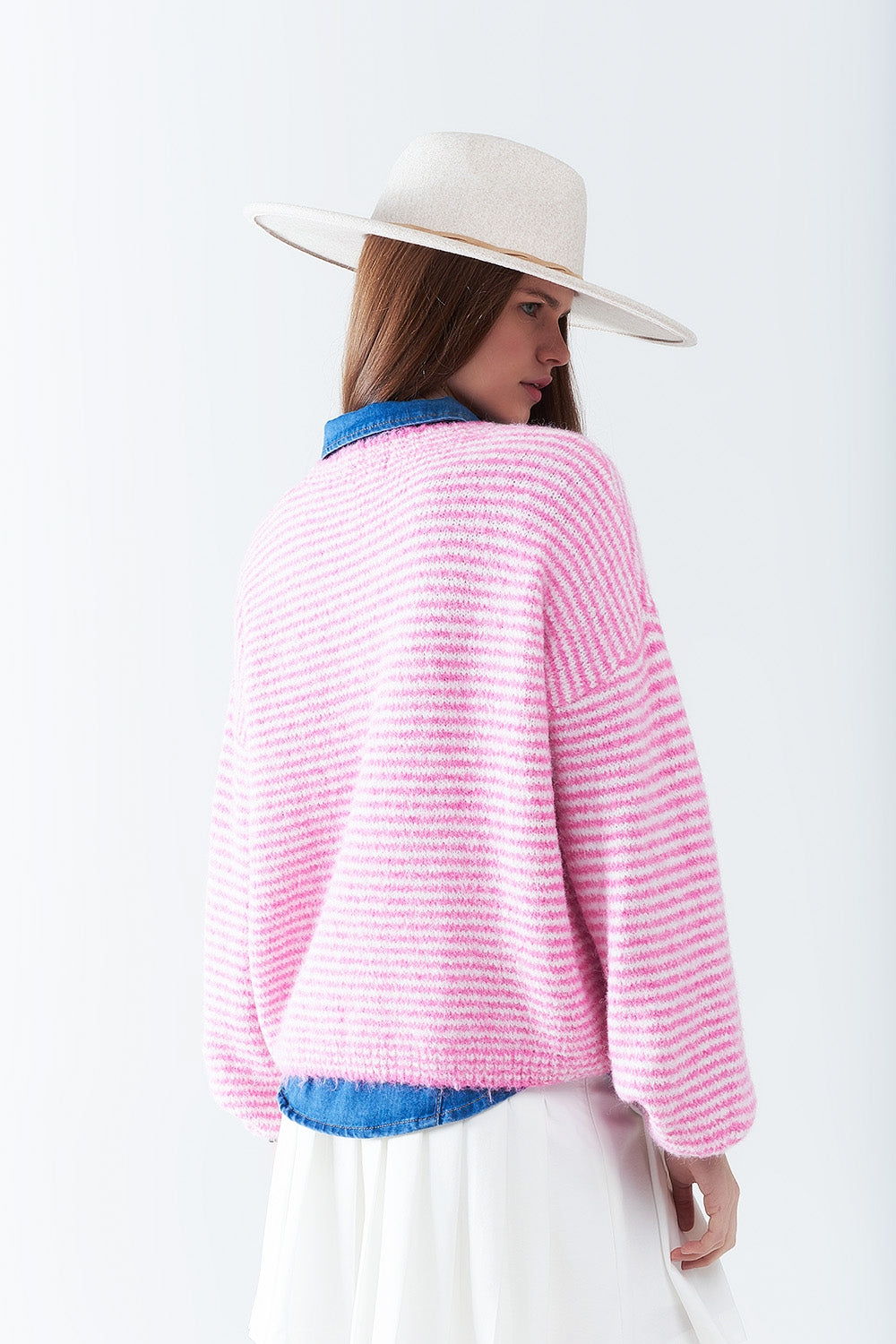 Women's Striped Pink Pullover Sweater - Soft & Cozy Knit Top for Casual Wear, Office & Fall Outfits