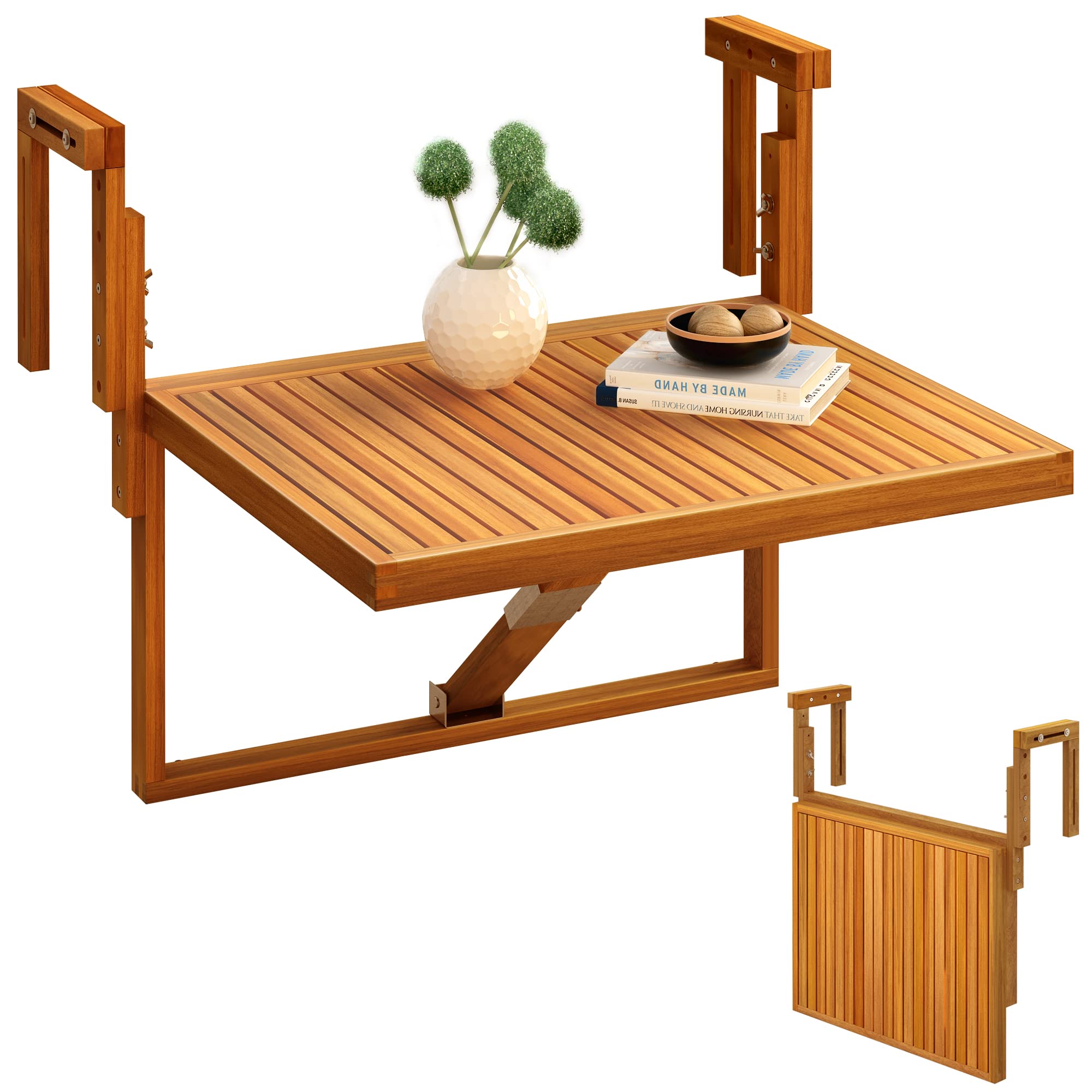 Interbuild Toronto Balcony Folding Deck Table - Outdoor Hanging Railing Bar Table with Adjustable Height, FSC Certified Acacia Wood, 28 x 23 Inches, Golden Teak Finish - Perfect for Small Spaces, Apartments, Patios & Outdoor Entertaining